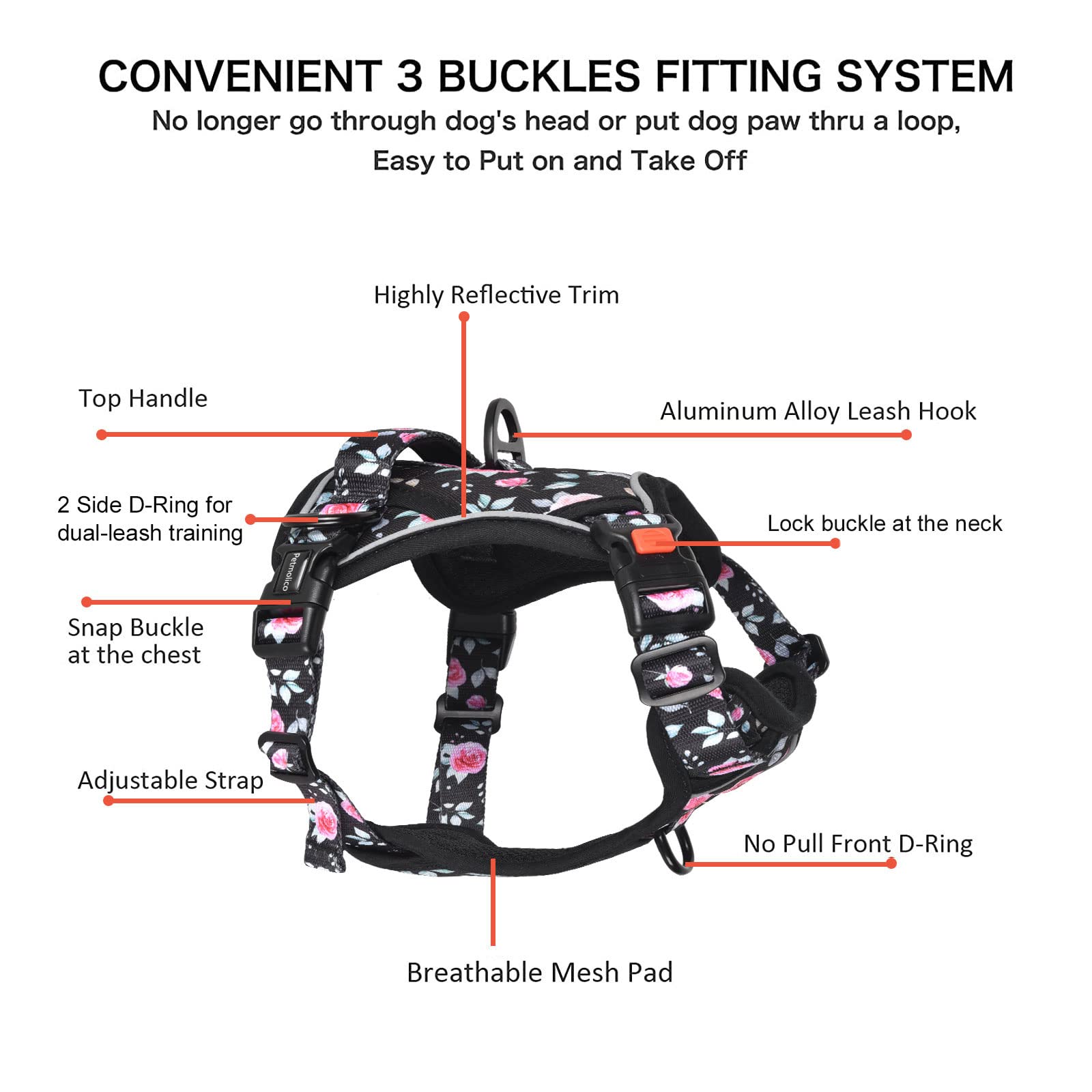 Petmolico No Pull Dog Harness And Leash Set, No Choke 4 Leash Attchments Easy Control Handle Soft Padded Reflective Vest Dog Har