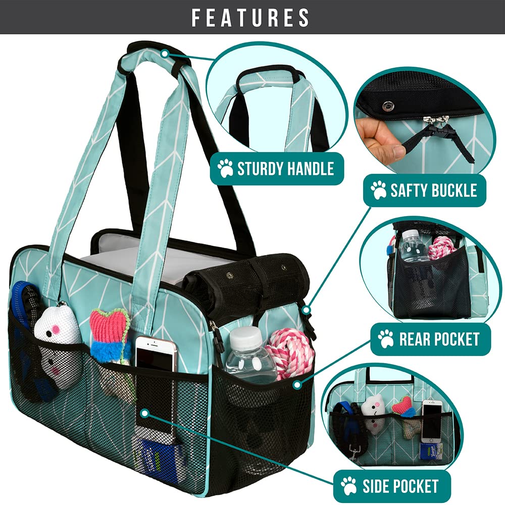 Petami Small Dog Purse Carrier, Soft-Sided Pet Carrier Bag With Pockets, Portable Puppy Cat Travel Handbag Tote, Airline Approved Breathable Mesh, Poop Bag Dispenser, Max 18 Lbs, Chevron Teal