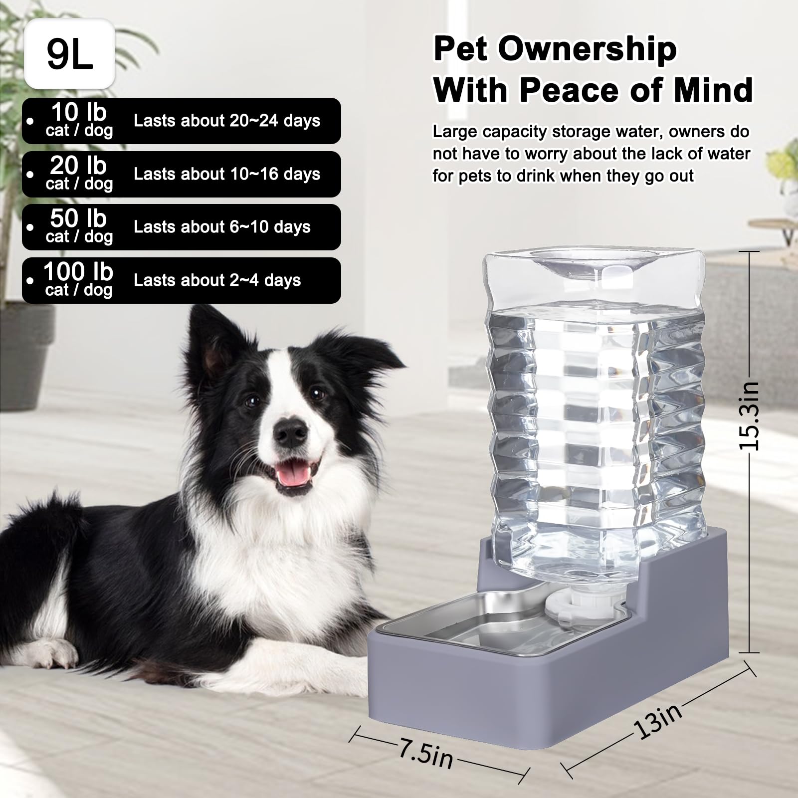 Sfozstra 9L Automatic Dog and Cat Water Dispenser with Stainless Steel Bowl Gravity Waterer,Large Capacity and Drinking,100% BPA