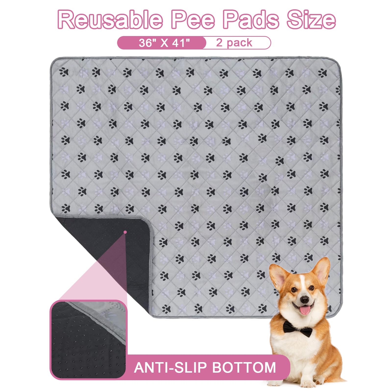 JERIA 2 Pack 36x 41 Waterproof Non Slip Wee Wee pad,Reusable Washable Pee Pads for Dogs,Absorbent and Leakproof Training Mats fo