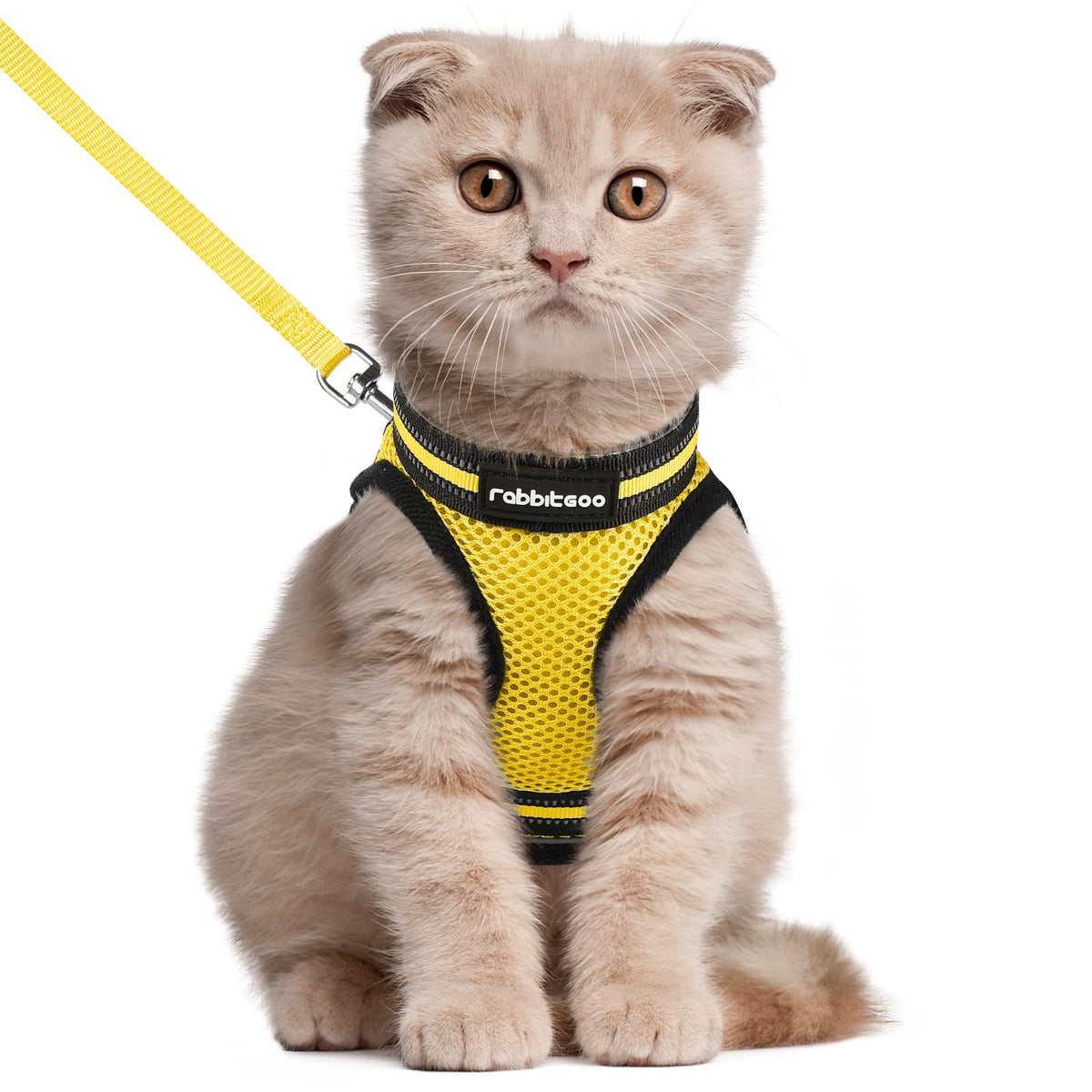 Rabbitgoo Cat Harness And Leash Set For Walking Escape Proof, Adjustable Soft Kittens Vest With Reflective Strip For Cats, Comfortable Outdoor Vest, Bright Yellow, L