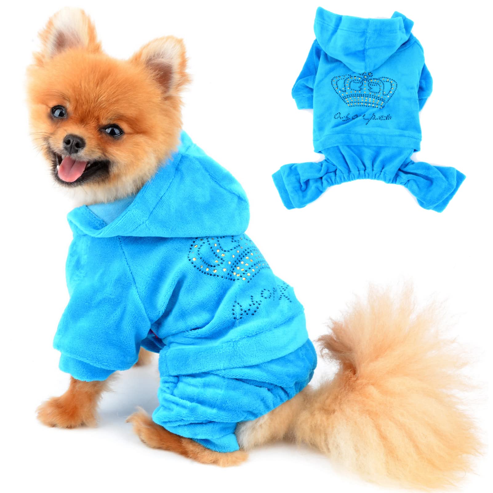 Selmai Dog Jumpsuit Hoodie Sweatshirt Dog Fleece Sweater Coat Small Pet Clothes Rhinestone Crown Blue M