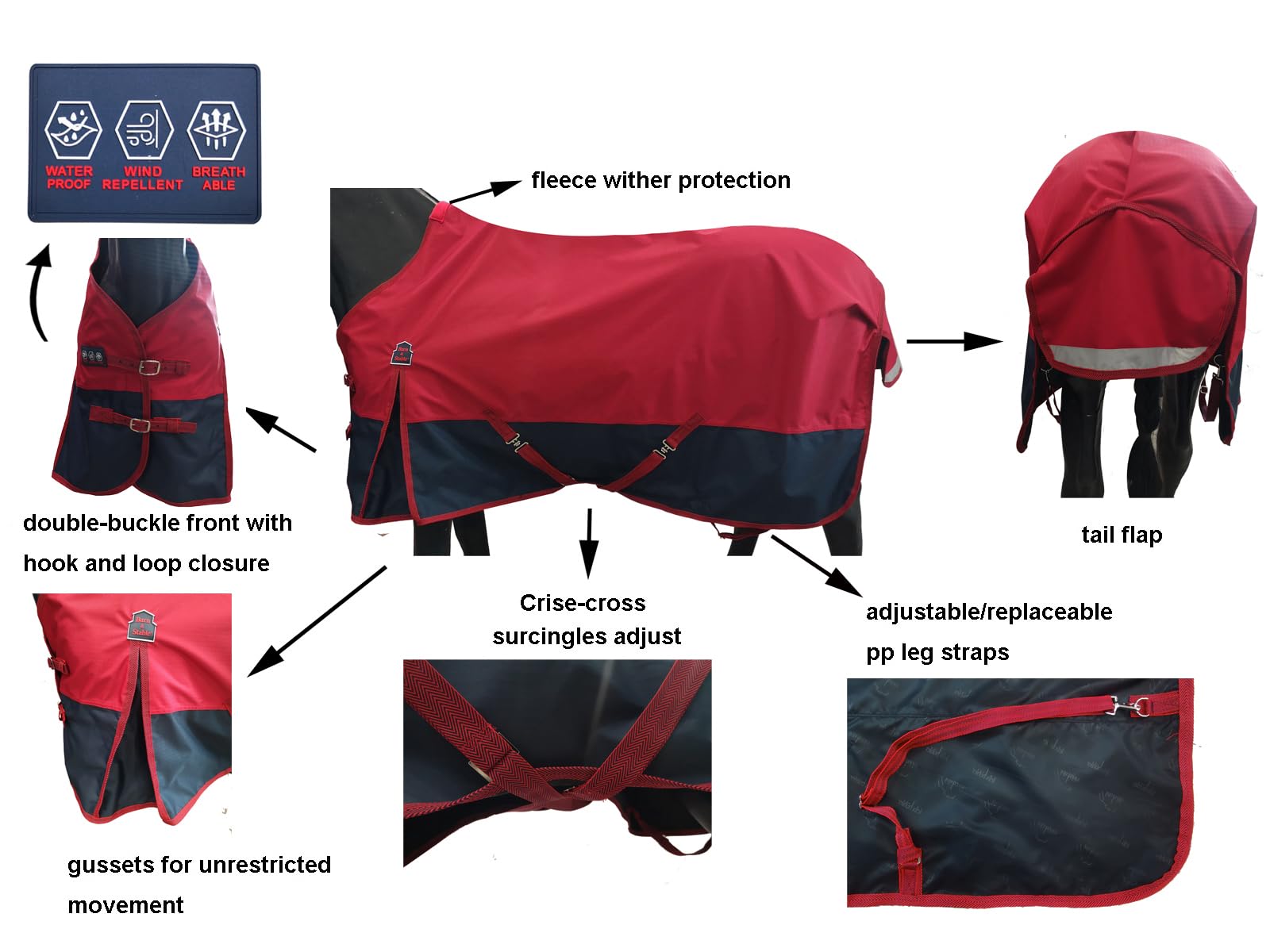 Barn & Stable 600D 3000Mm/3000Mvp Super Waterproof & Breathable Horse Rain Sheet Turnout Blanket Sheet For Horse With Leg Straps