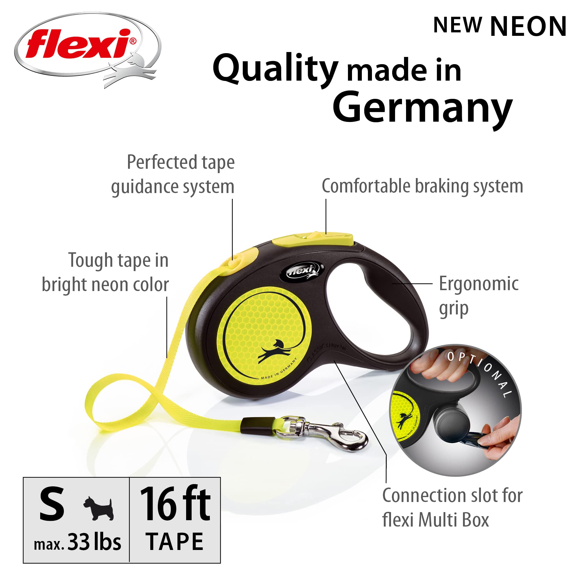 Flexi New Neon Tape Retractable Dog Leashes For Small Dogs Upto 33 Lbs. – 16 Ft., Neon Yellow/Black | Tangle Free Pet Walking Leash With One-Handed Brake, Pause, Lock | German Quality Product