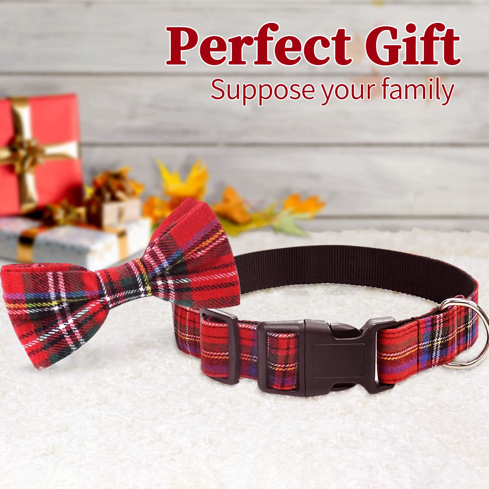 Malier Dog Collar With Bow Tie, Christmas Classic Plaid Snowflake Dog Collar Holiday For Small Medium Large Dogs Cats Pets (Scotland Red Plaid, Large)