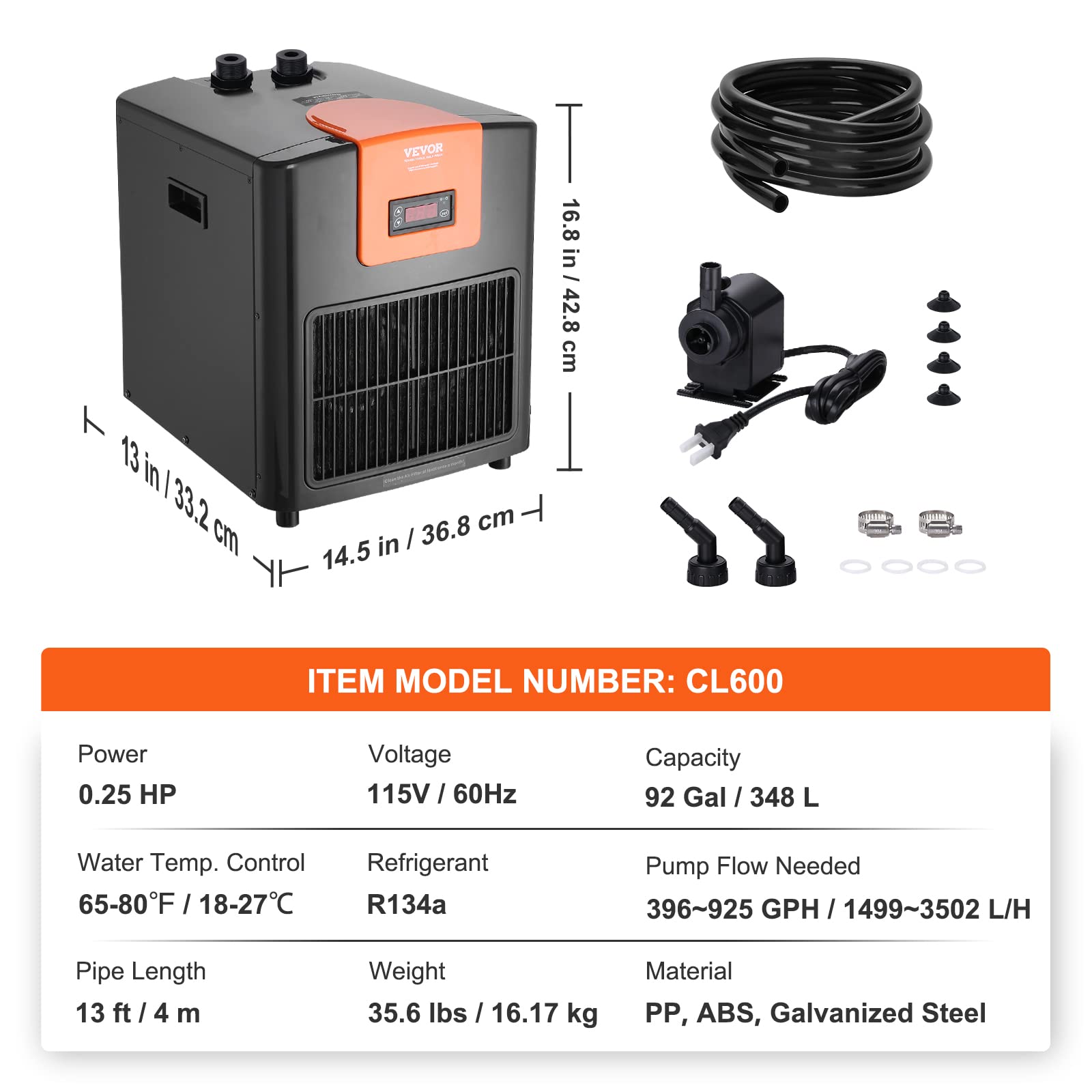 VEVOR Aquarium Chiller, 92 Gal 348 L, 1/4 HP Hydroponic Water Chiller, Quiet Refrigeration Compressor for Seawater and Fresh Wat