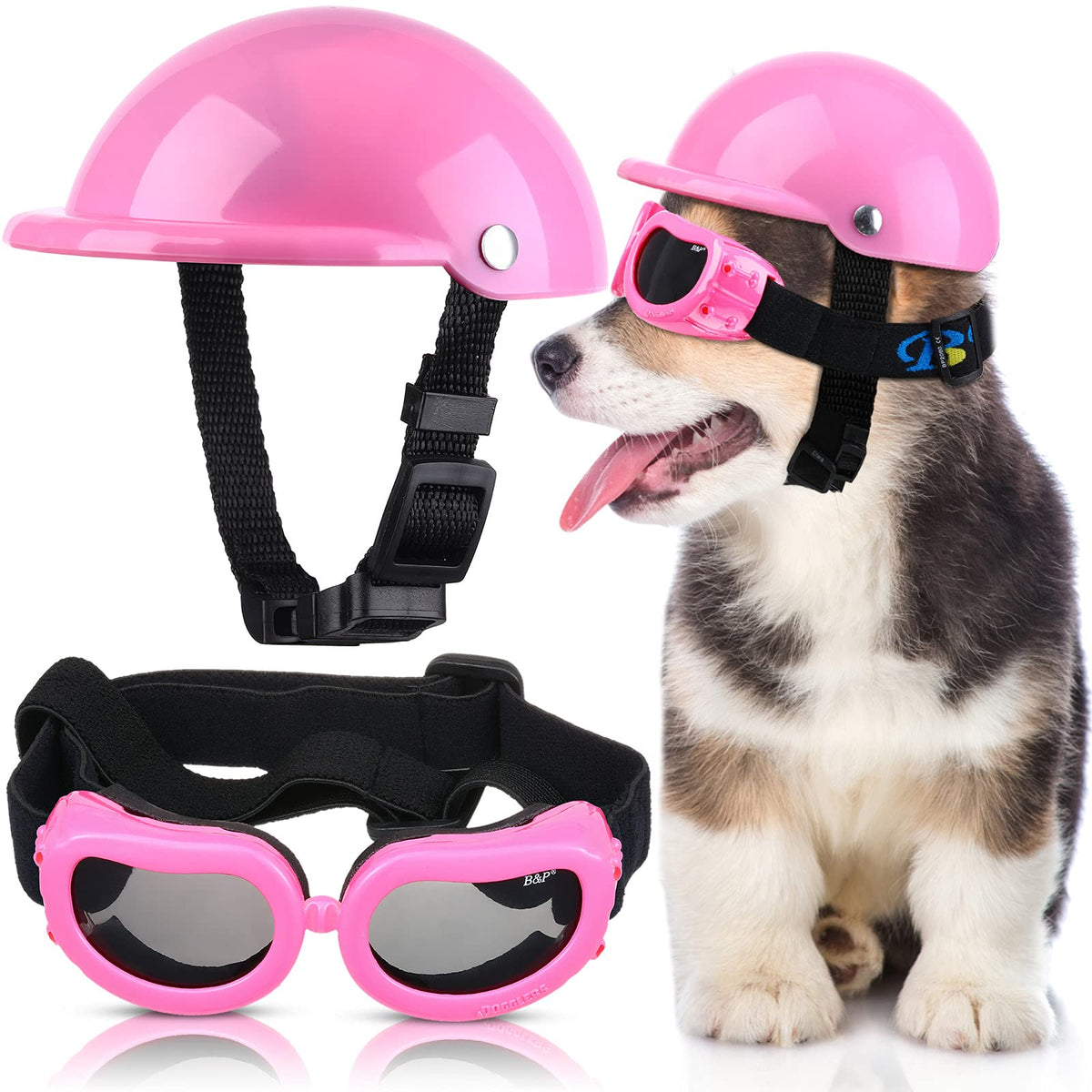 Small Dog Helmet Goggles Uv Protection Doggy Sunglasses Pet Dog Glasses Motorcycle Hard Safety Hat With Adjustable Belt Windproof Snowproof Eye Head Protection For Puppy Riding, S Size (Pink)