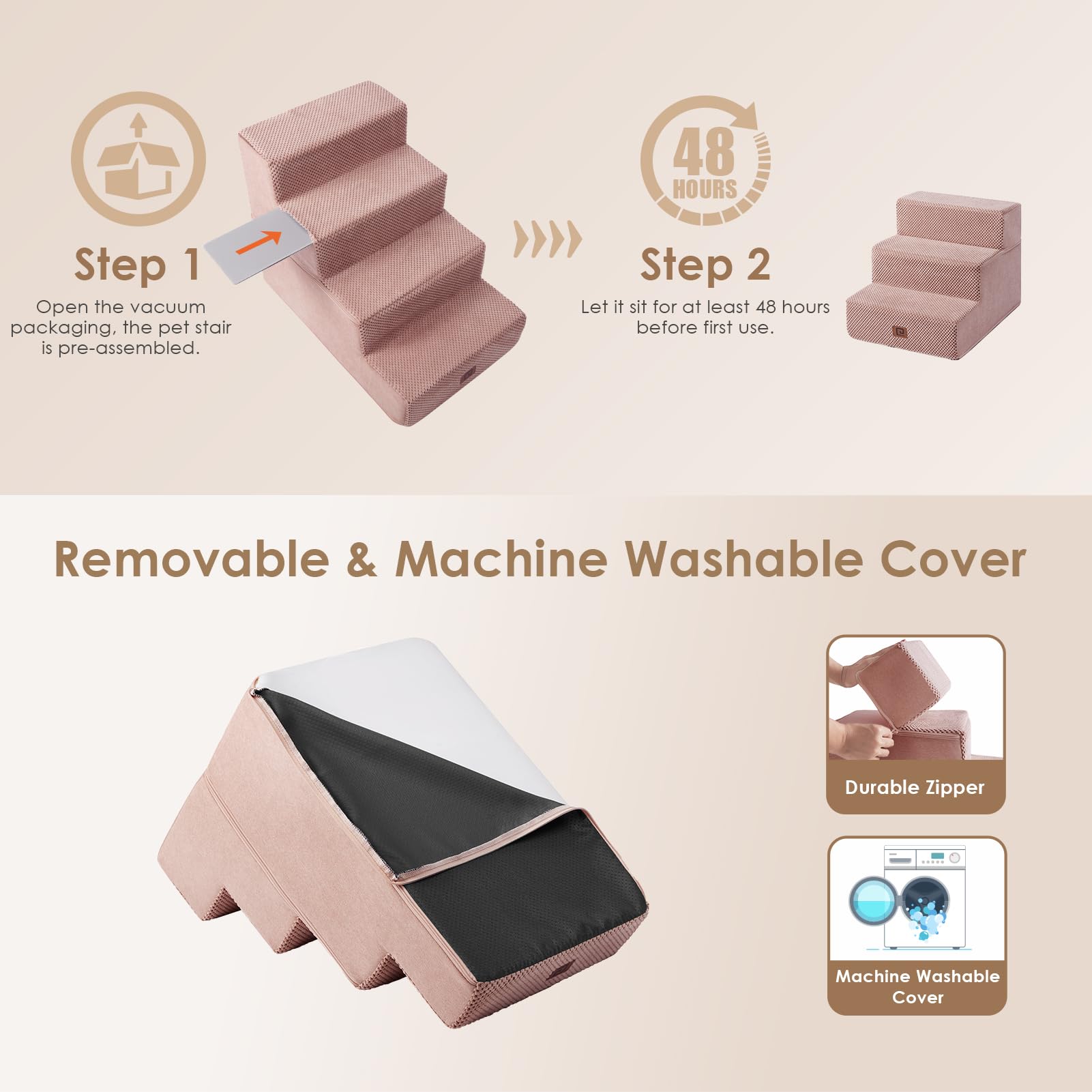 Eheyciga Dog Stairs For Small Dogs 13.5' H, 3-Step Dog Steps For Couch Sofa And Chair, Pet Steps For Small Dogs And Cats, Non-Slip Balanced Dog Indoor Ramp, Pink