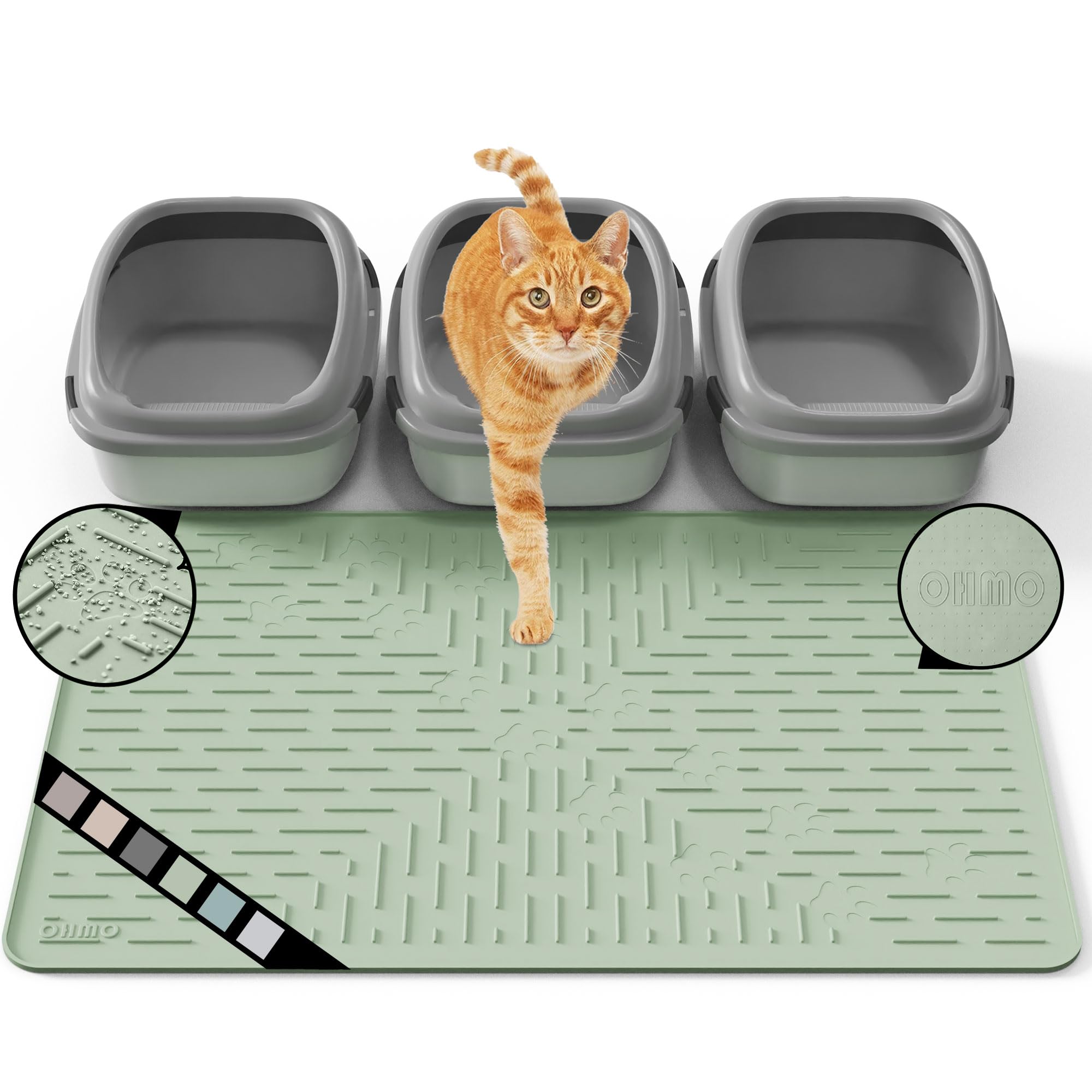 OHMO Cat Litter Mat XXL Trapping Mat Premium Silicone Rubber 37.5x25.2 Sage Green, Waterproof and BPA Free Kitty Litter Box Mat,