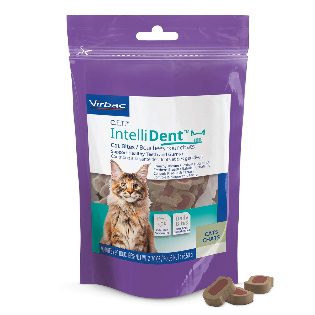 Virbac C.E.T. Intellident Cat Bites Dental Care Cat Treats For Healthy Teeth And Gums, Fresh Breath | Chicken Flavor | 90 Per Bag