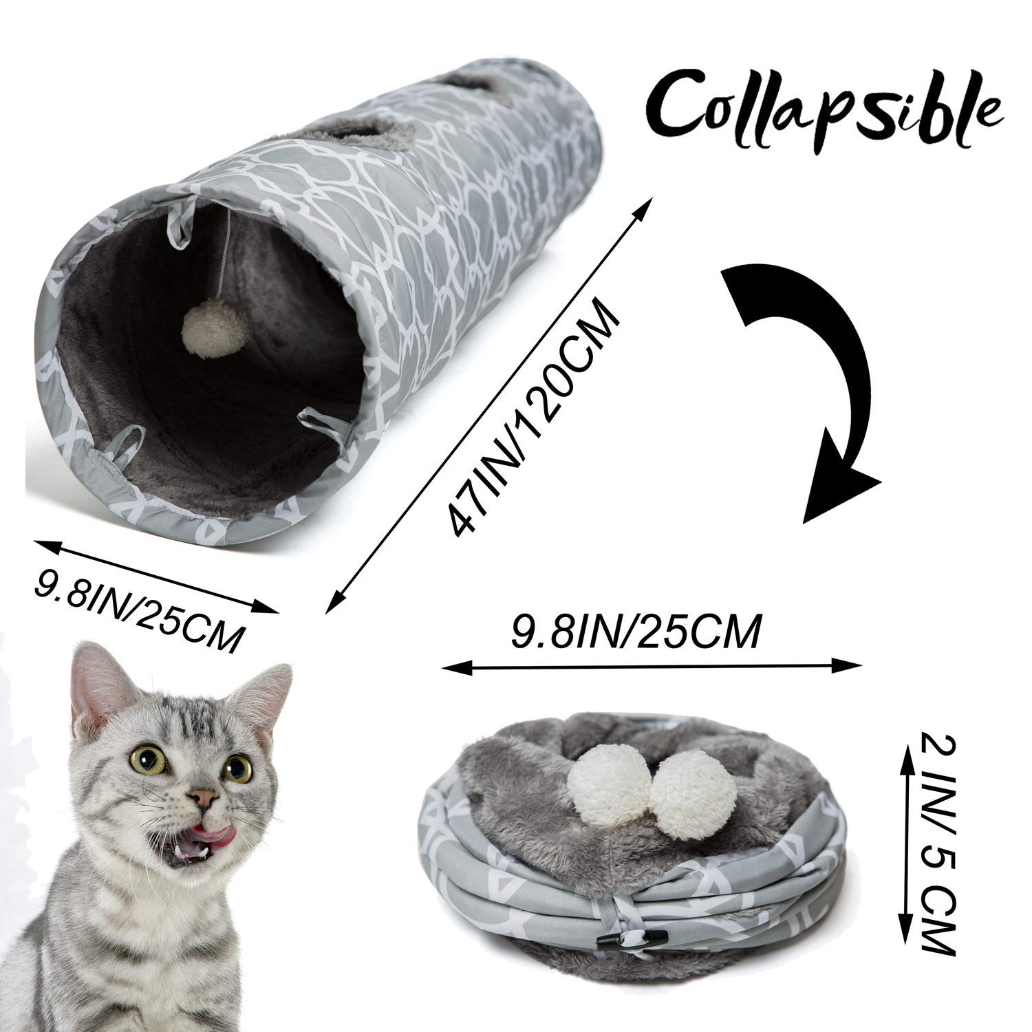 Luckitty Geometric Straight Cat Tunnel With Plush Inside,Cats Toys Collapsible Tunnel Tube With Balls, For Rabbits, Kittens, Fer