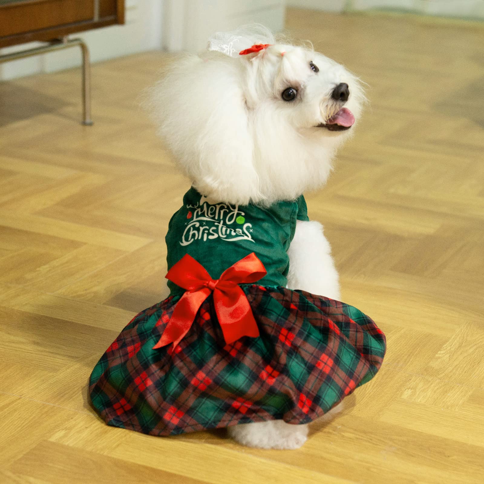 Cutebone Christmas Tree Dog Dress Velvet For Small Dogs Girl Puppy Dresses Green Plaid Dog Clothes Cva05Xxs-D