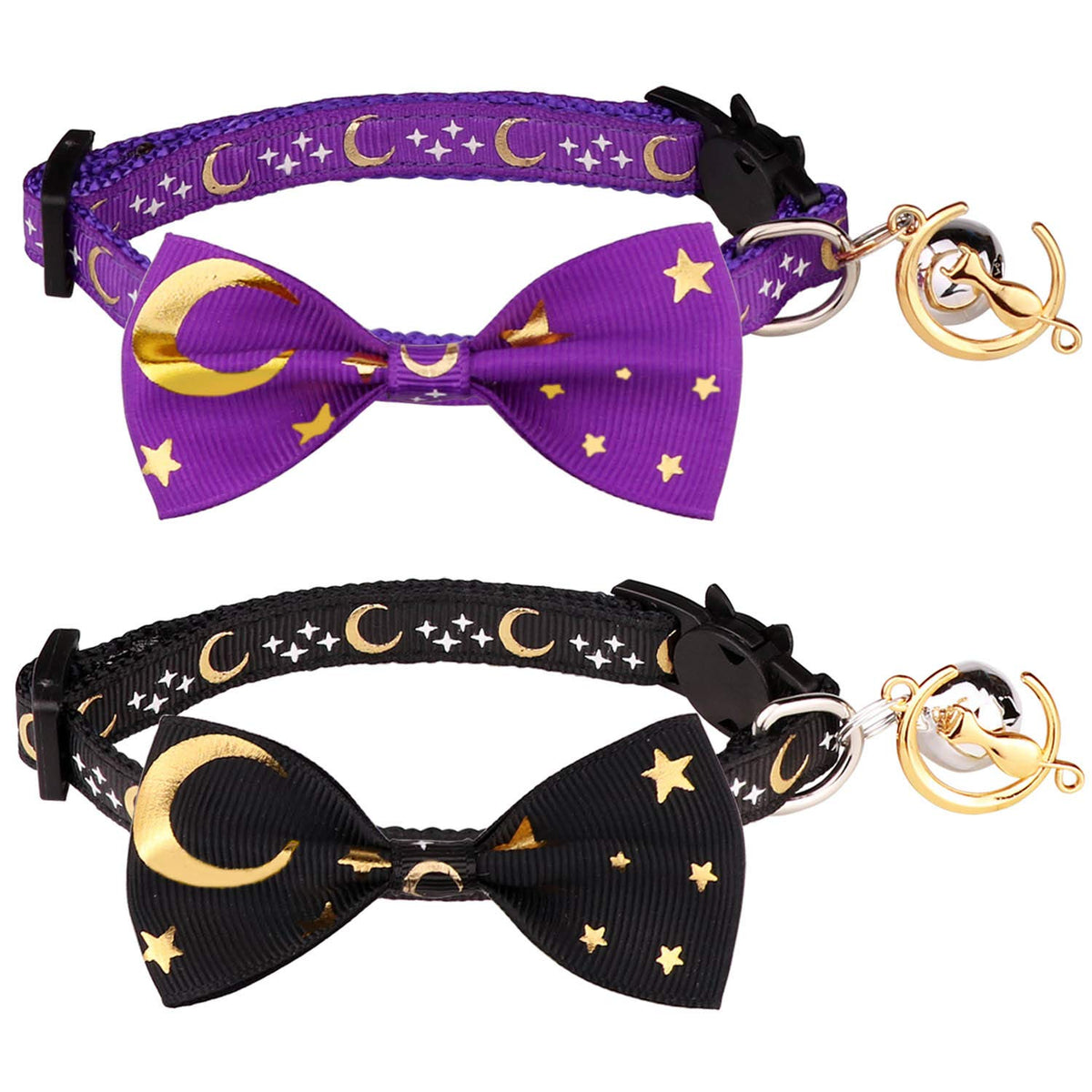 2 Pcs Breakaway Cat Collar With Bow Tie And Bell Golden Moon Glowing Star In The Dark For Kitten(Black&Purple)