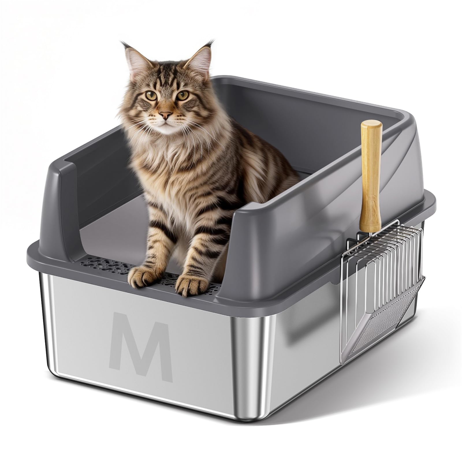 Stainless Steel Litter Box with Lid: Metal Cat Litter Box for Small Cats with Scoop, High Sided Kitty Litter Pan Tray, 17.4 x 
