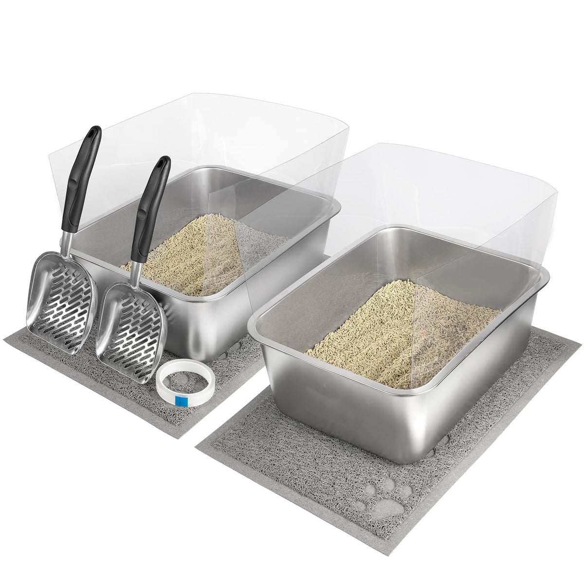 2 Set Stainless Steel Litter Box - 17.7''X13.8''X5.9'', High-Sided Shield, Scoops, Mats For Multiple Cats, Easy To Clean
