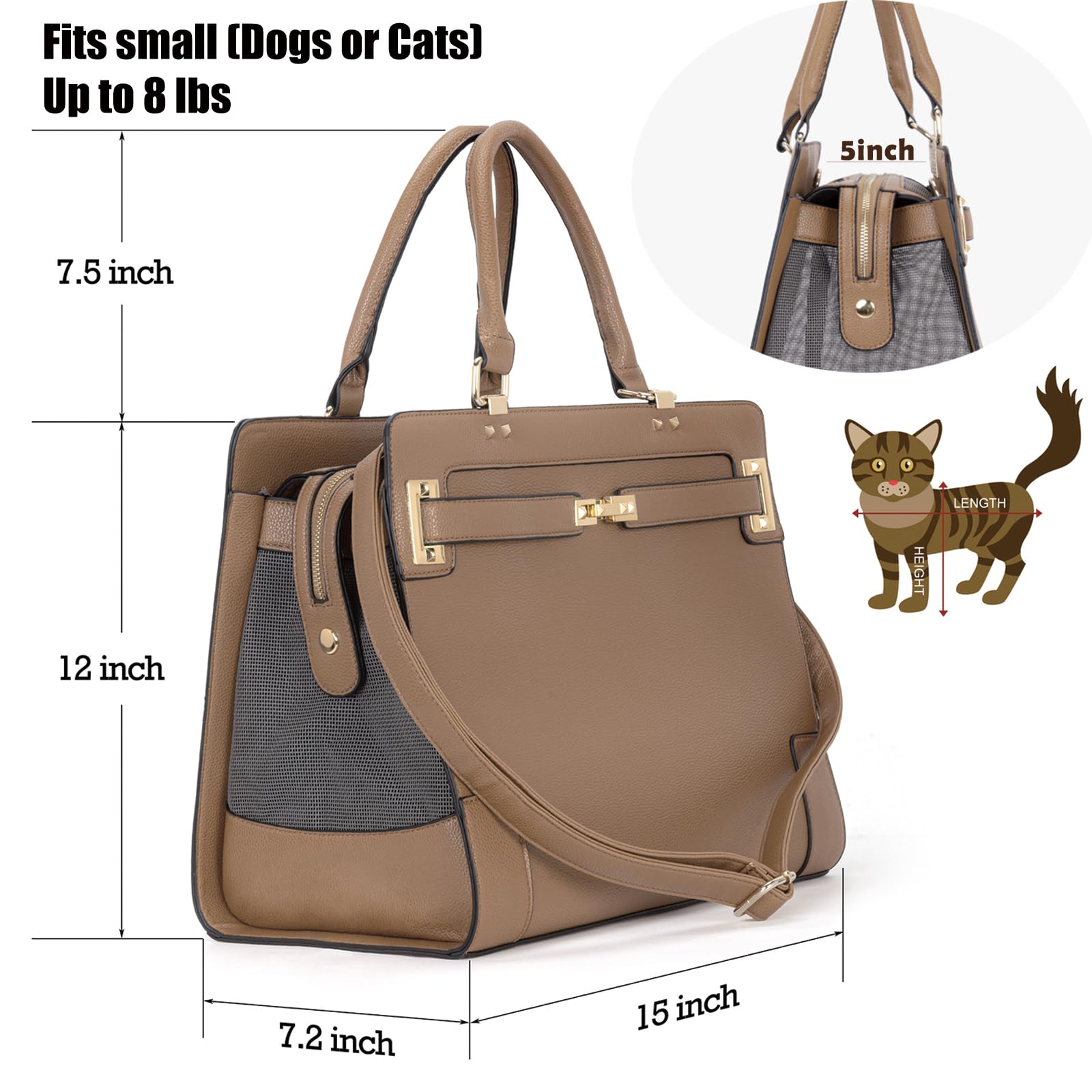 Fashion Pet Carrier Dog Cat Carrier Purse Soft-Sided Leather Handbag Pet Tote Bag For Small Dogs Puppy And Cats Tsa Airline Approved (Khaki)