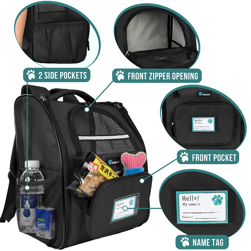 Petami Dog Backpack Carrier For Small Large Cat, Pet, Puppy, Ventilated Pet Hiking Backpack Travel Bag, Airline Approved Cat Backpack Carrier, Camping Biking Dog Bag Up To 18Lbs Pet, Black
