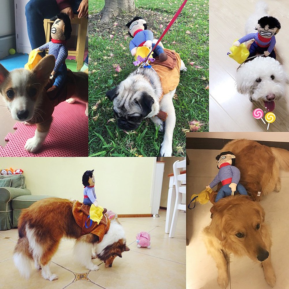 Pet Dog Costume Funny Cowboy Riders Clothes Dogs Outfit Knight Style Clothes with Doll and Hat for Halloween Cosplay Party(L)