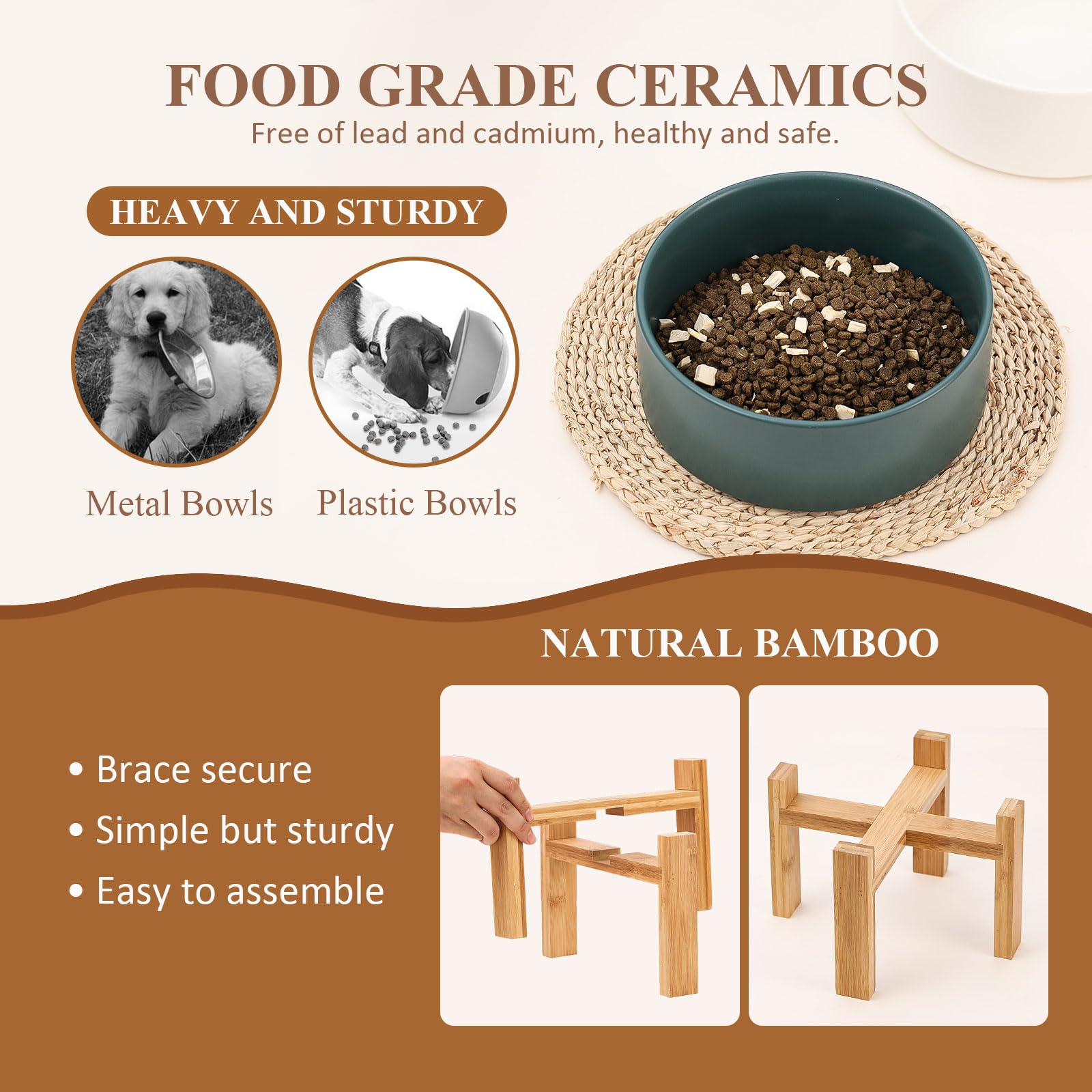 HCHLQLZ Raised Ceramic Dog Bowl - Large 8.3" W x 8" H, Heavy Weighted Dish with Bamboo Stand, White, 4.5 Cups