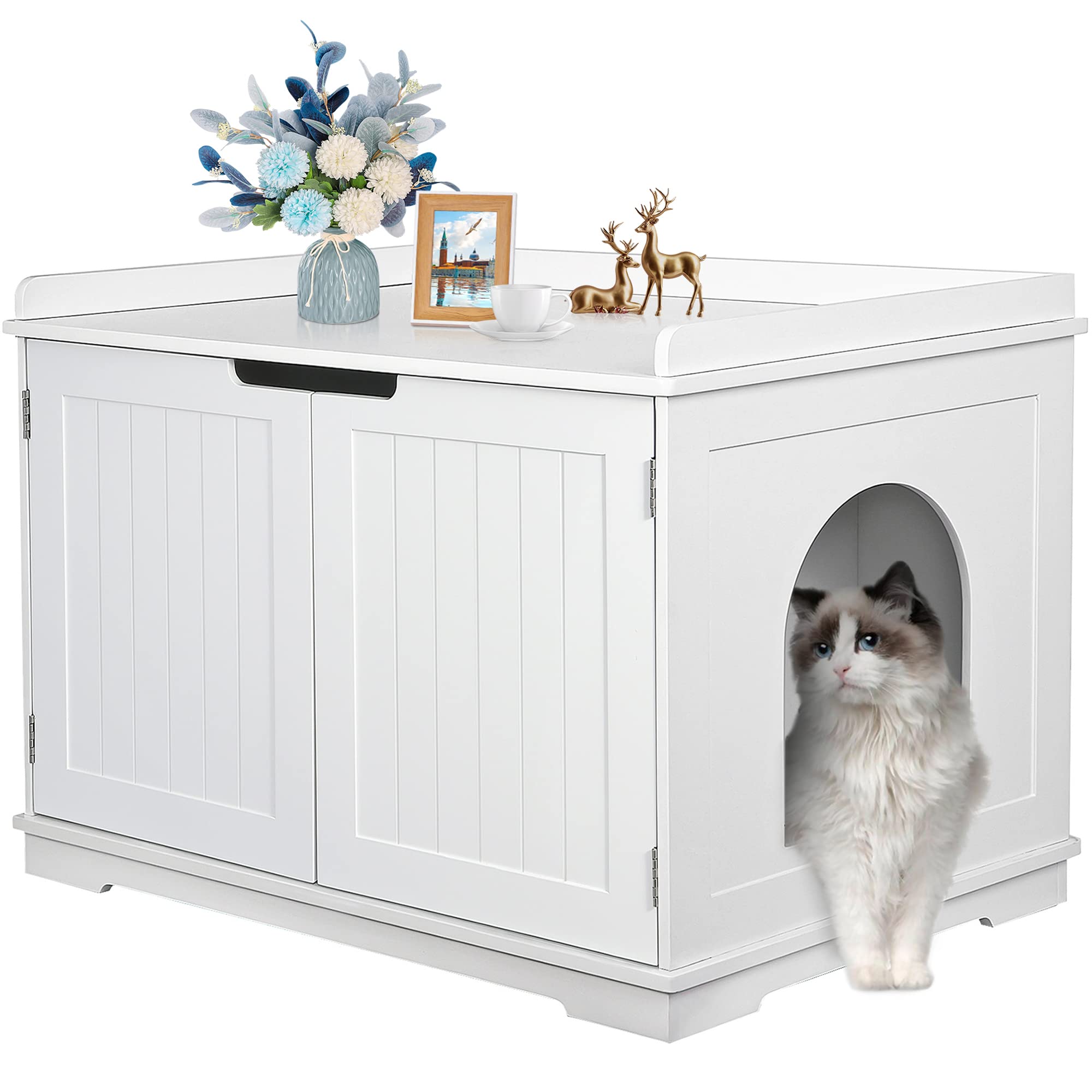 Pet Republic Hidden Cat Litter Box Enclosure Cat Litter Box Furniture Washroom House Table Nightstand (White)
