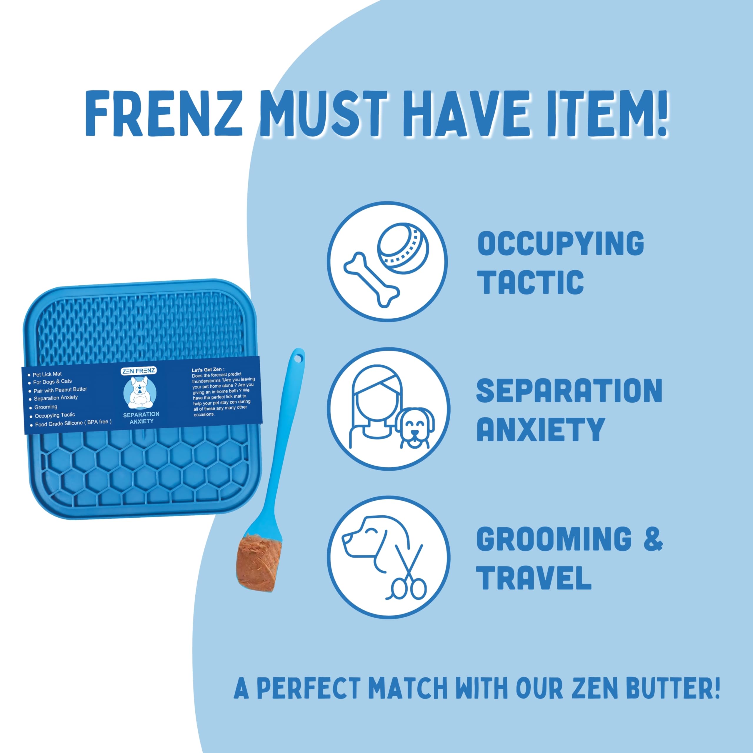 Zen Frenz Premium Lick Mat For Dogs & Cats With Suction Cups And Spatula Spreader For Pet Separation Anxiety Relief, Slow Feeder