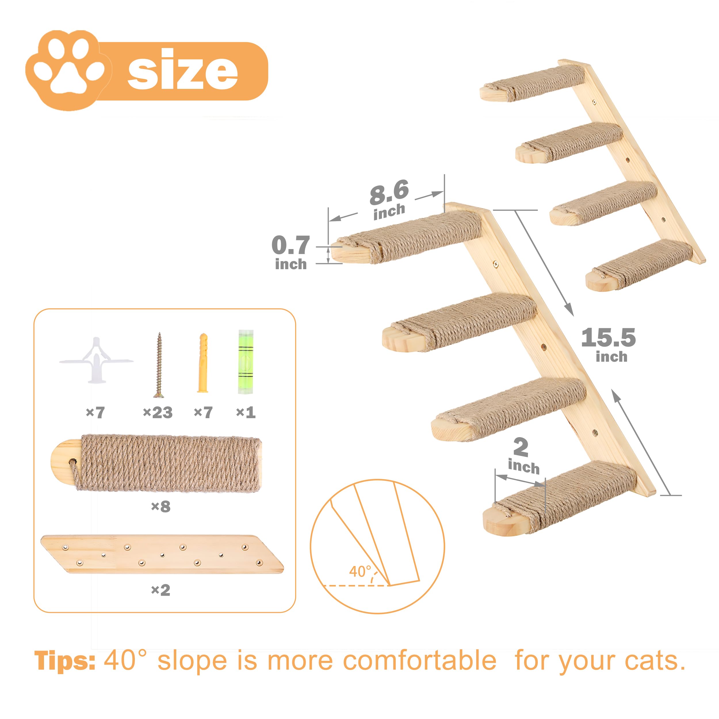 Cat Climbing Shelves Wall Mounted 2Pcs Four Cat Steps Reversible Left & Right Direction, Cat Shelf Stairway For Wall With Jute Scratching Ladder Cat Wall Shelves Furniture For Perch Sleeping