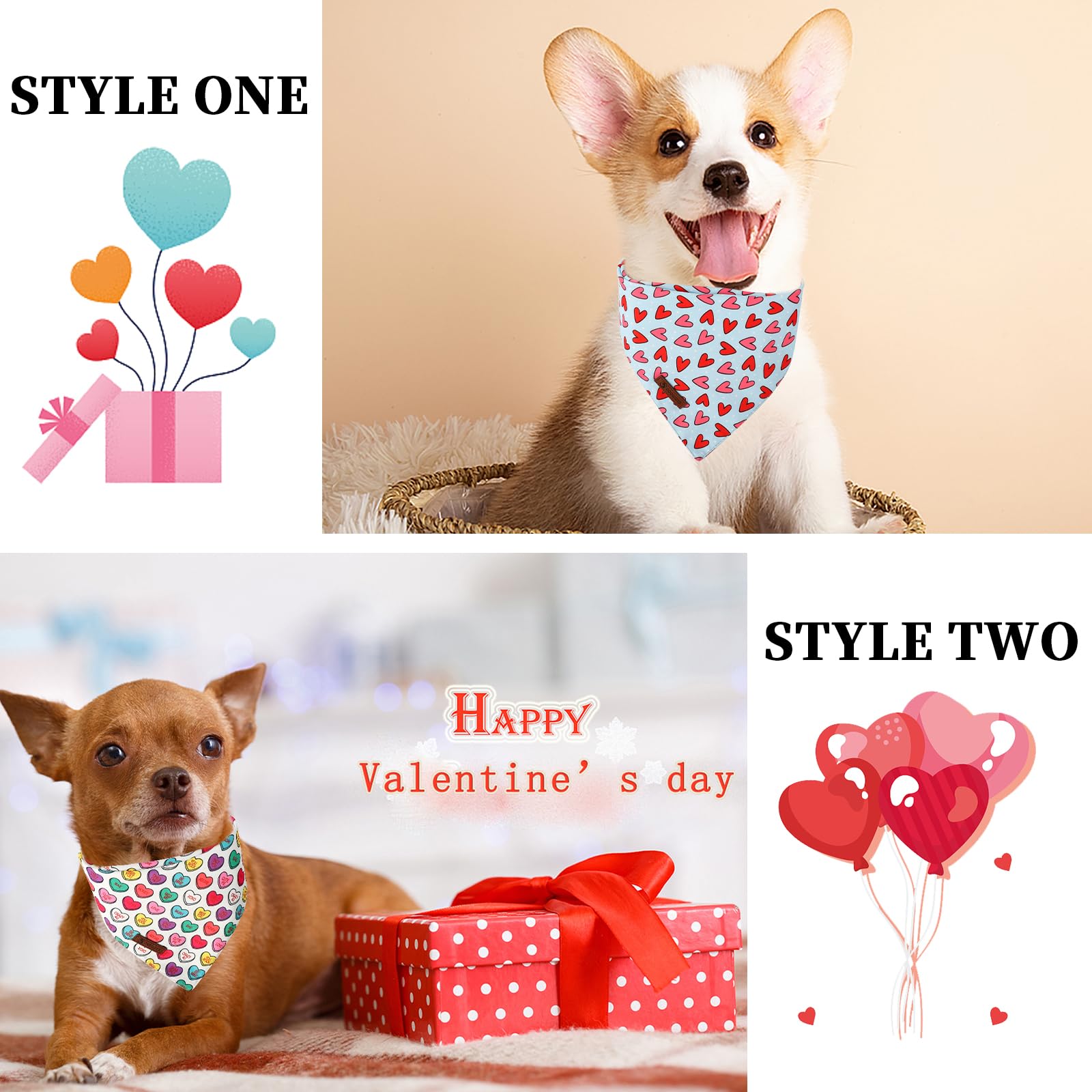 Dogwong Valentine'S Dog Bandanas 2 Pack, Triangle Reversible Love Heart Pet Scarf Durable Heart Holiday Bandana For Small And Me