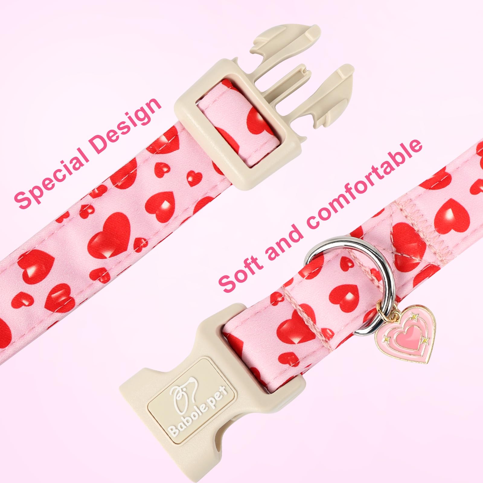 Babole Pet Valentines Dog Collar, Cute Pink Dog Collar with Red Heart Printed, Comfortable Girl Puppy Collar with Quick Release