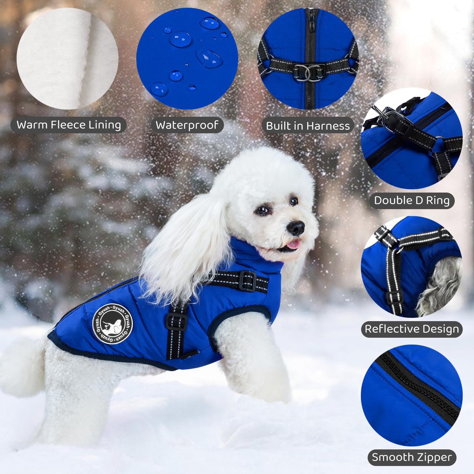 Gyuzh Winter Fleece Dog Jacket - Waterproof Zipper Harness with Reflective Stripe, Small to Large