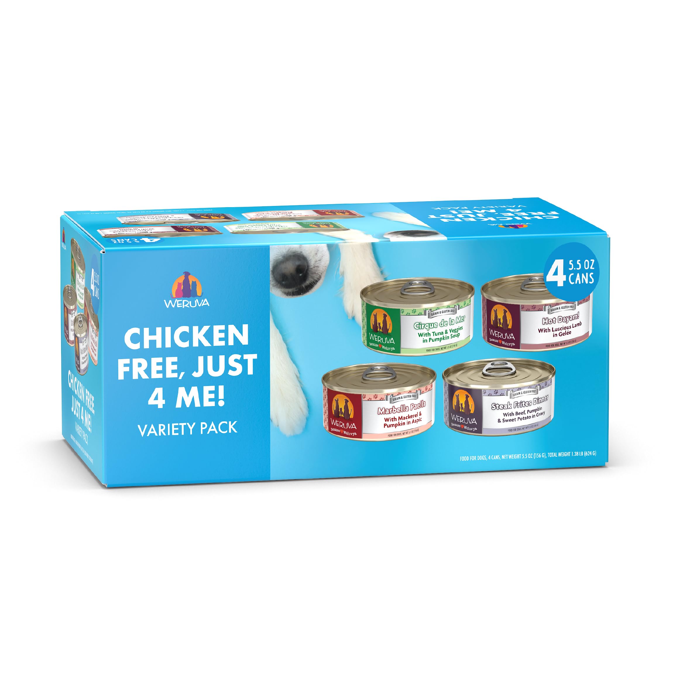Weruva Classic Dog Food, Chicken Free, Just 4 Me Trial Variety Pack, 5.5oz Can, Pack of 4