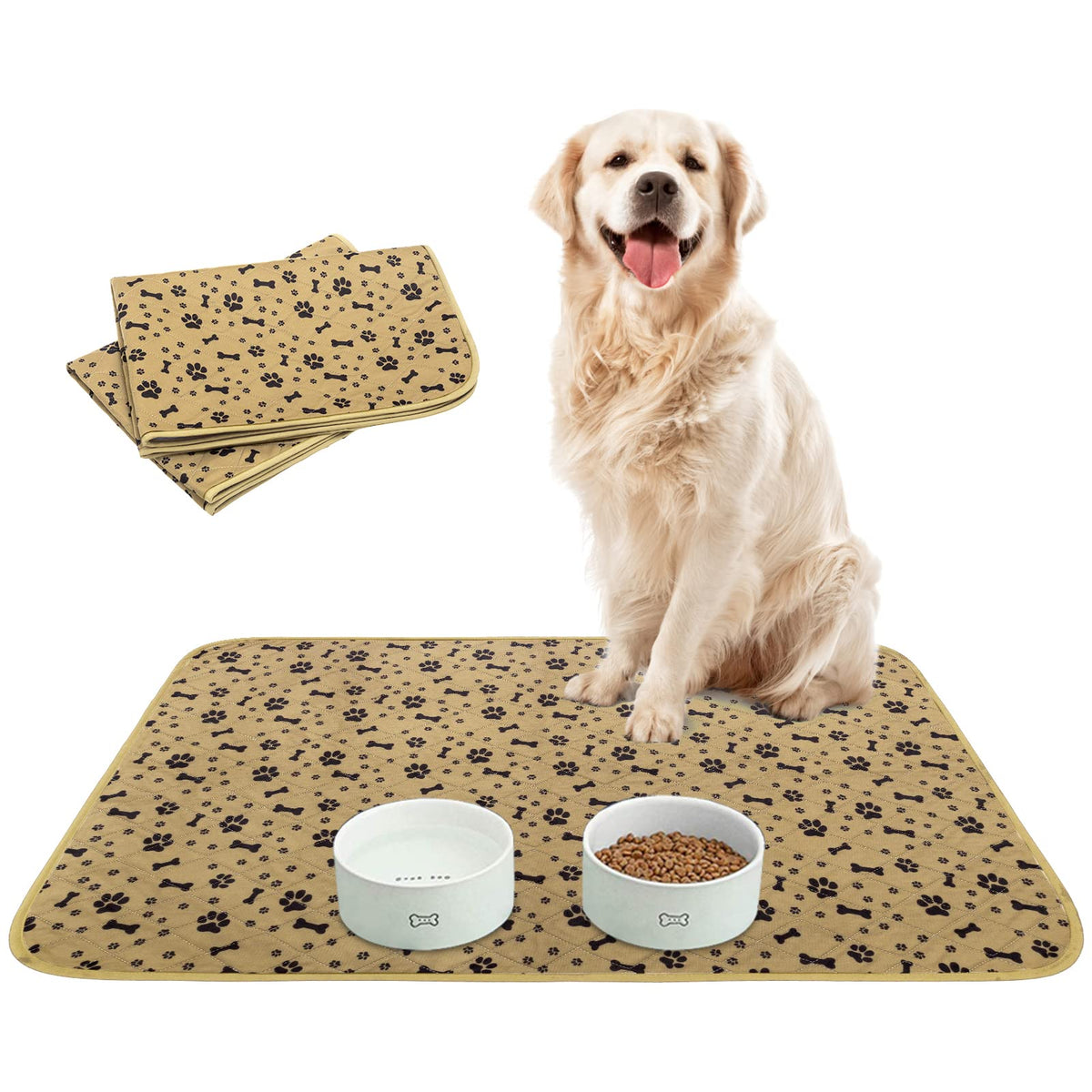 Waterproof Dog Food Mat Non-Slip - 2 Pack Dog Bowl Mat Absorbent Pet Feeding Mats Washable Pee Pads For Puppies Cats, Bone & Paw