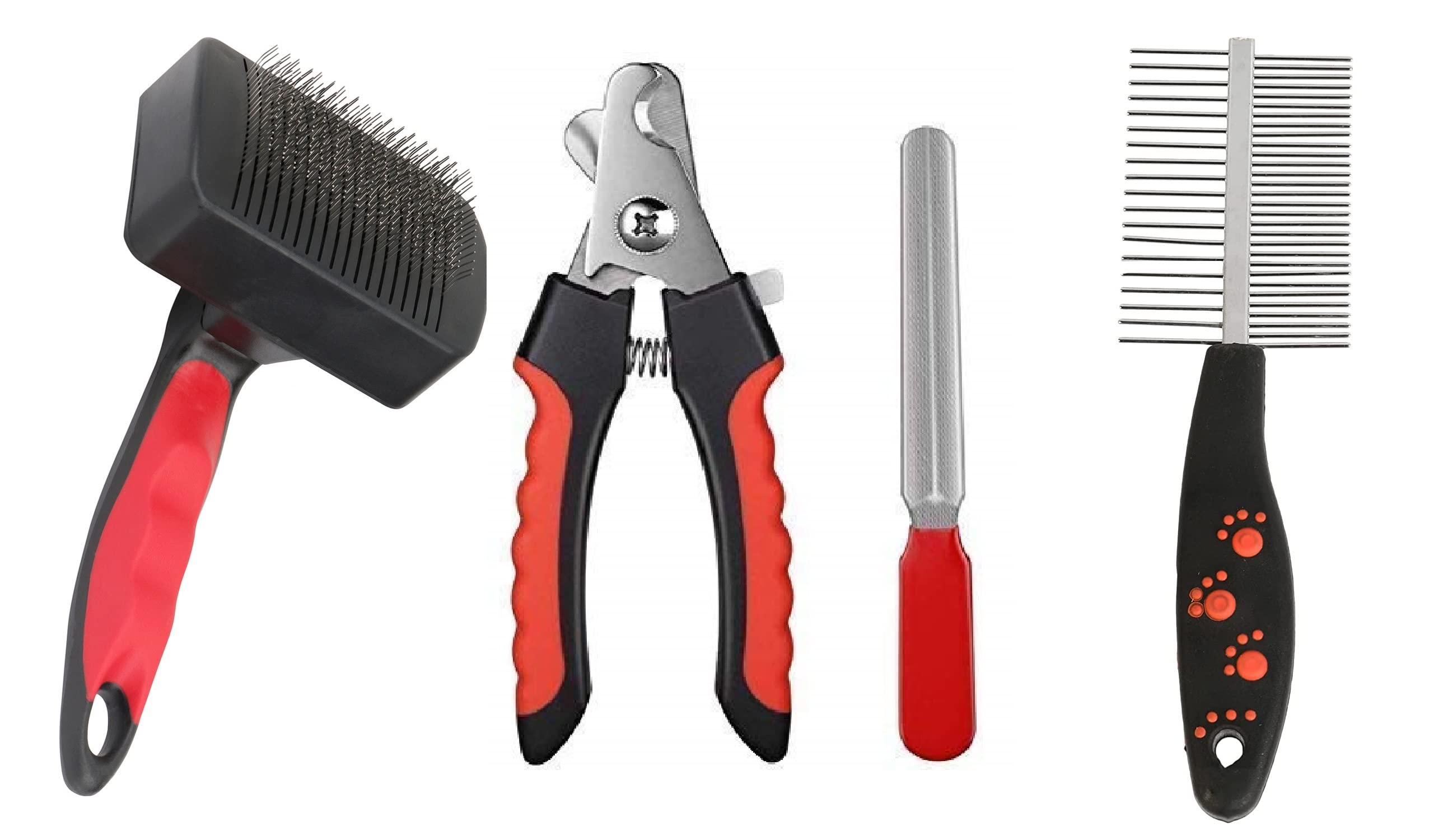 RvPaws Pet Grooming Combo Plastic Auto Slicker Self Cleaning Hair Brush, Dual Side Paw Print Handle Comb and Stainless Steel Bla