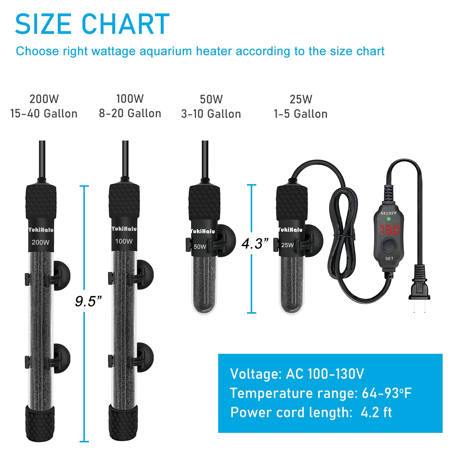 Yukihalu Small Submersible Aquarium Heater, Adjustable Mini Fish Tank Heater 25W 50W 100W 200W 300W With External Temperature Co