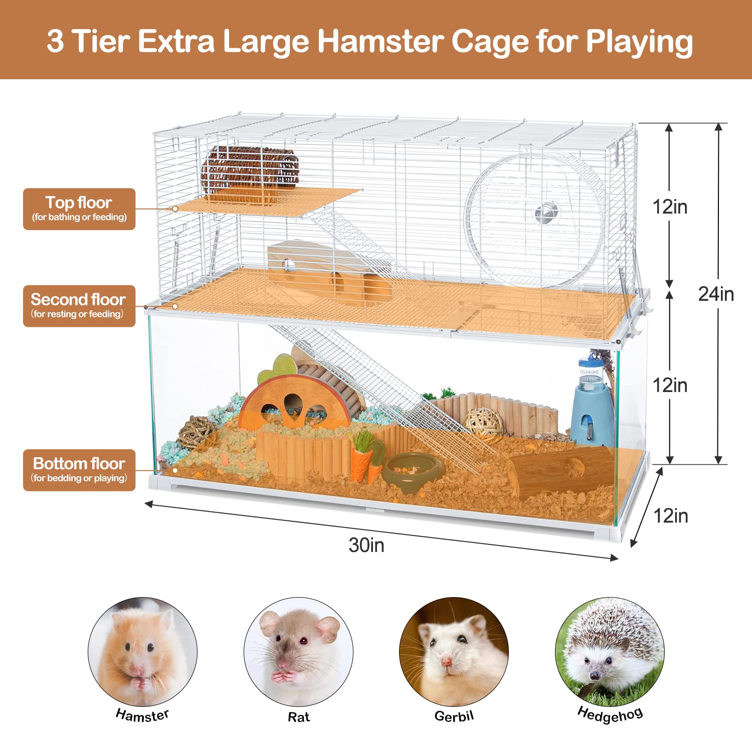 Oiibo 3 Tiers Large Hamster Cages, Glass Hamster Cage Habitat With Openable Wire Topper, Gerbil Cage With Two Ladders Ramps And