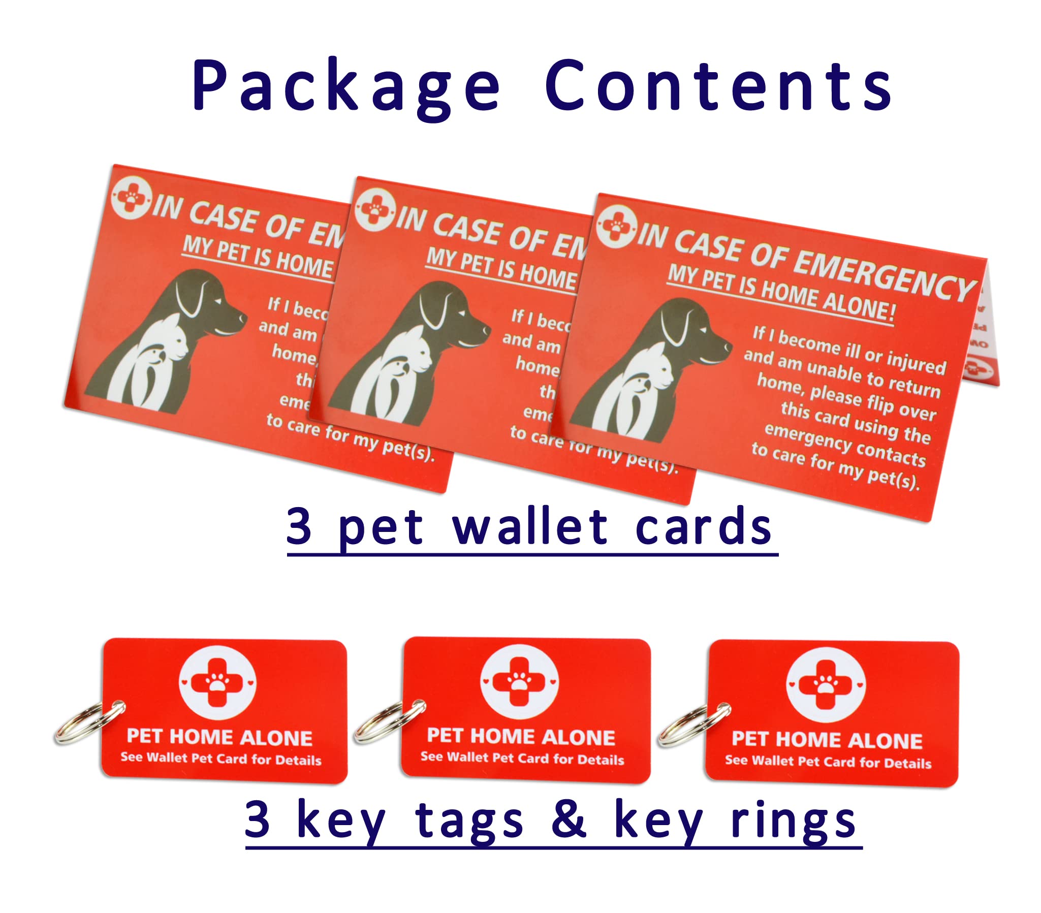 My Pets, Dogs & Cats Are Home Alone Alert Key Tag Keychain Emergency Contact Wallet Card Folded - 2 Writable Back Sides (Pet Emergency Wallet Card & Tag)