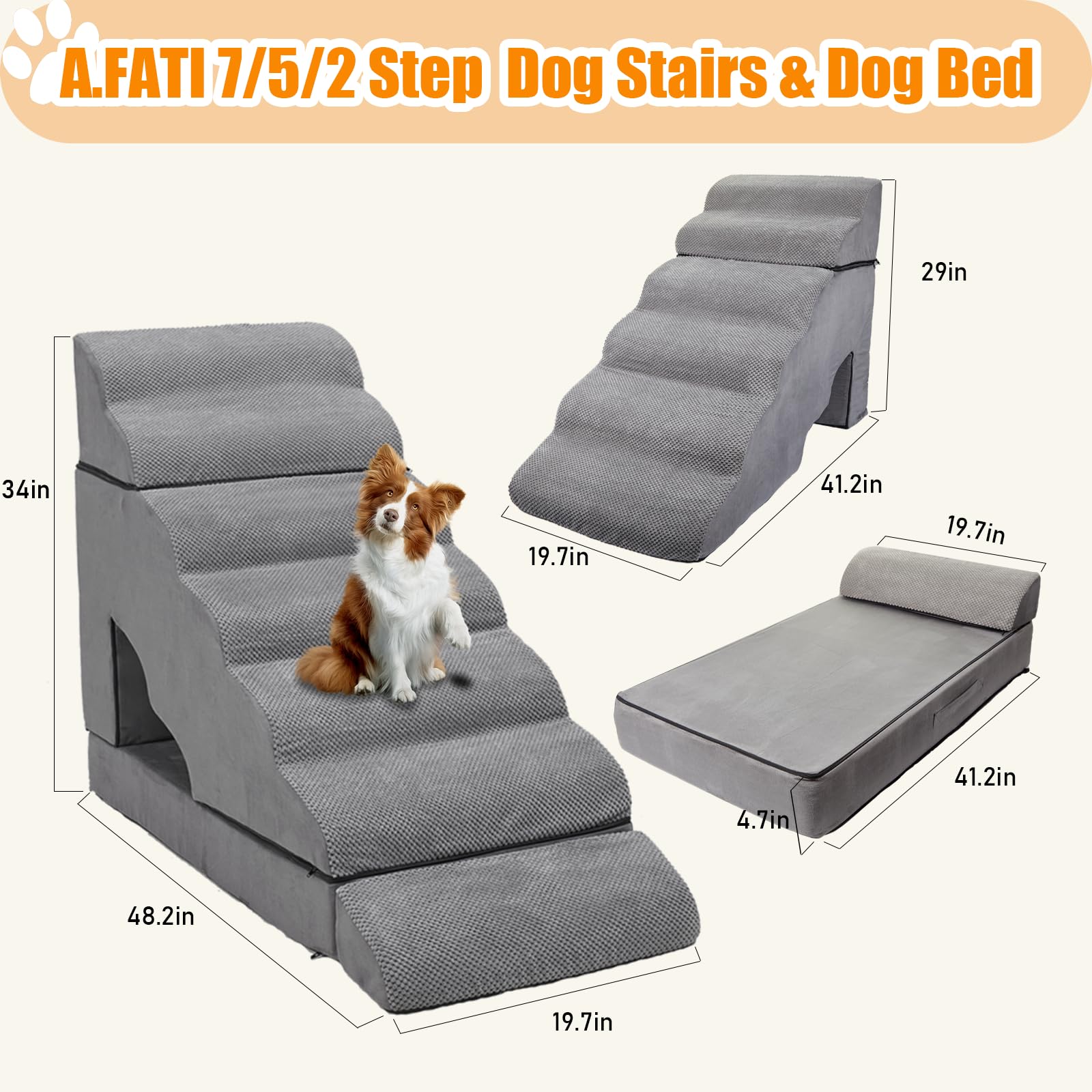 A.Fati 7 Tiers Dog Stairs, Non-Slip Dog Steps For High Beds Up To 32'-36' High, Dog Ramp For Small Dogs, 34 Inch Pet Ramp For