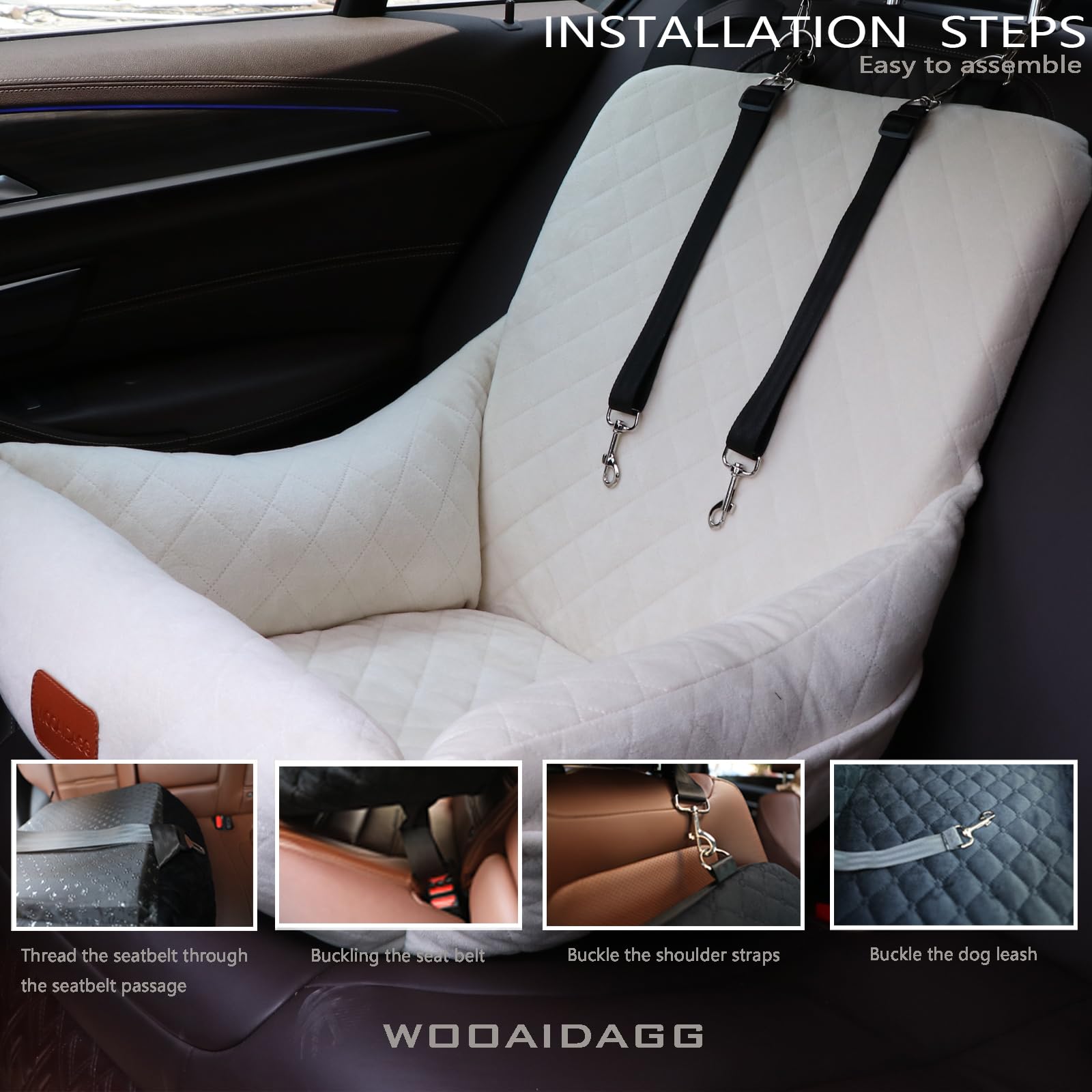 WOOAIDAGG Dog Car Seat for Small Dogs,Ultra-Soft Fabric,2 Storage Pockets & Safety Leash,Adjustable Straps,Easy to Install,Fully
