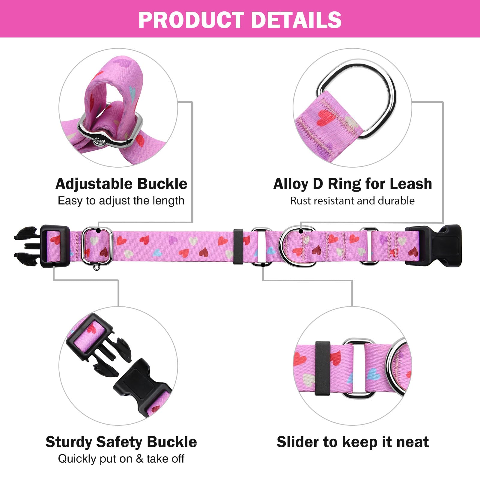 Hikiko Cute Pink Martingale Collar With Heart Design Soft Nylon Quick Release Buckle Dog Collars For Large Dogs (Fresh Love,Larg