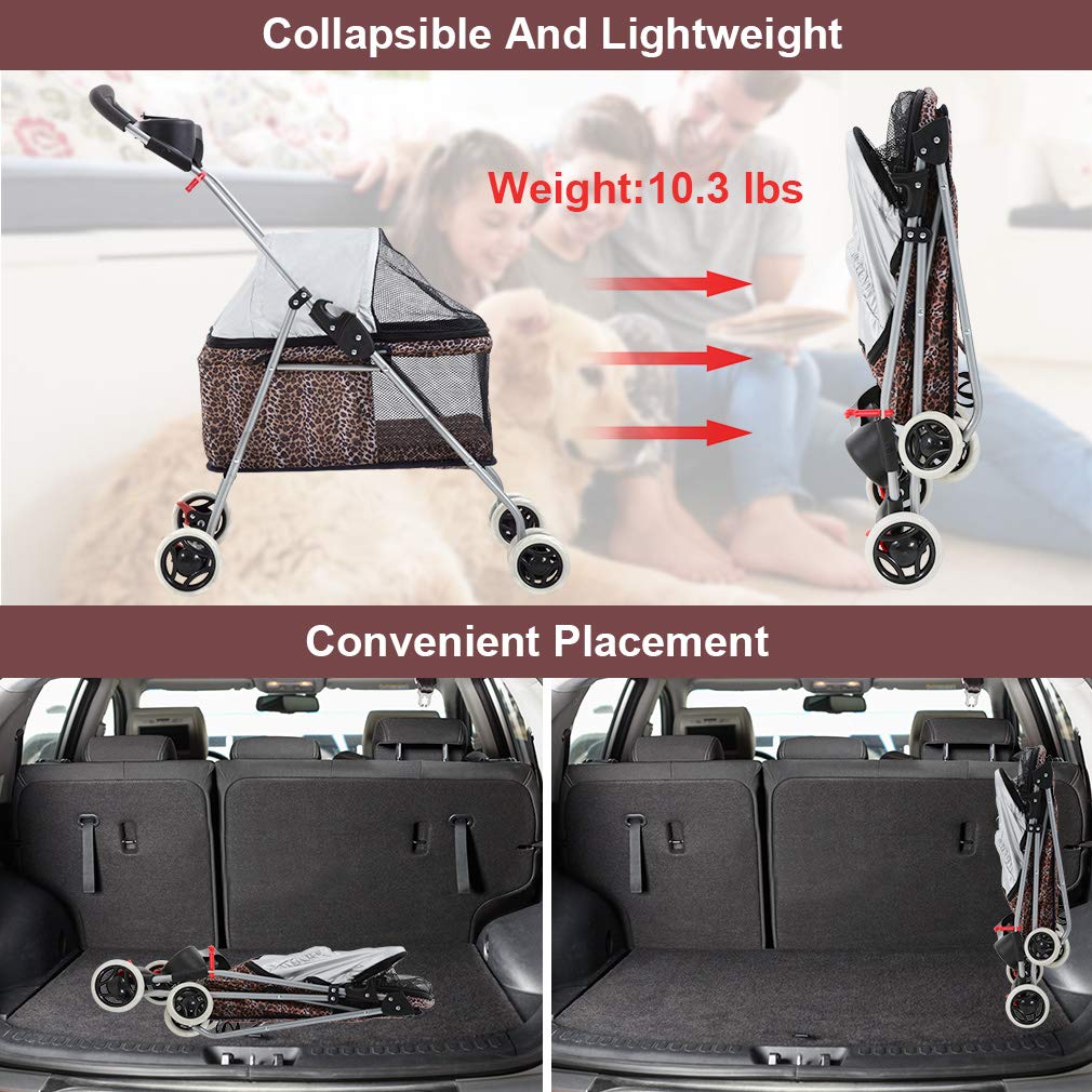 BestPet Pet Stroller 4 Wheels Posh Folding Waterproof Portable Travel Cat Dog Stroller with Cup Holder (Leopard Skin)
