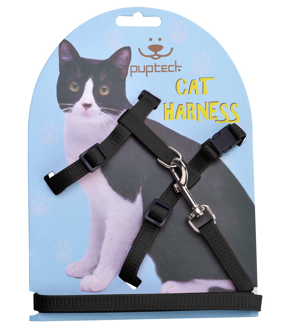 Pupteck Adjustable Cat Harness And Leash Set Escape Proof Kitten Strap Collar For Walking Travel, Black