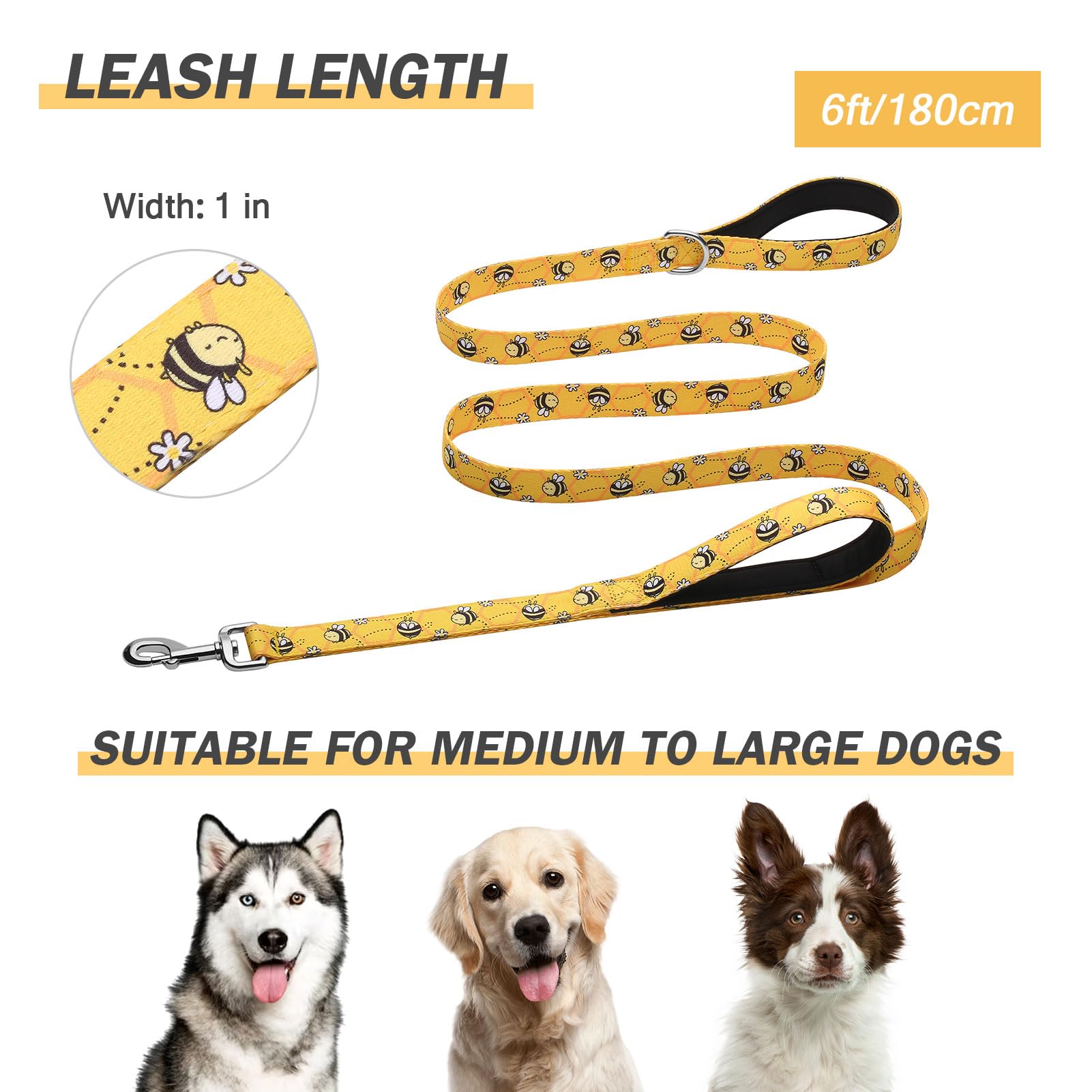 Hikiko 6 Ft Dog Leash, Padded Double Handle Leashes For Medium Large Dogs, Soft Traffic Handles Lead For Walking (Yellow Bee)