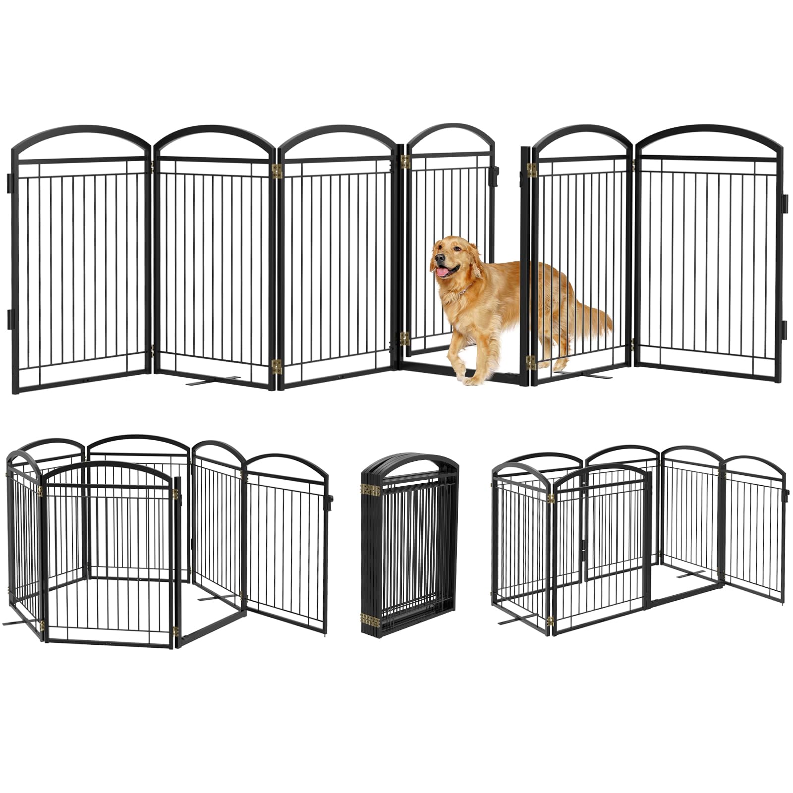 Full Metal Free Standing Dog Gate with Door for Indoor Outdoor, 144 Extra Wide 36 Tall Dog Gate for Doorways,Large Openings,