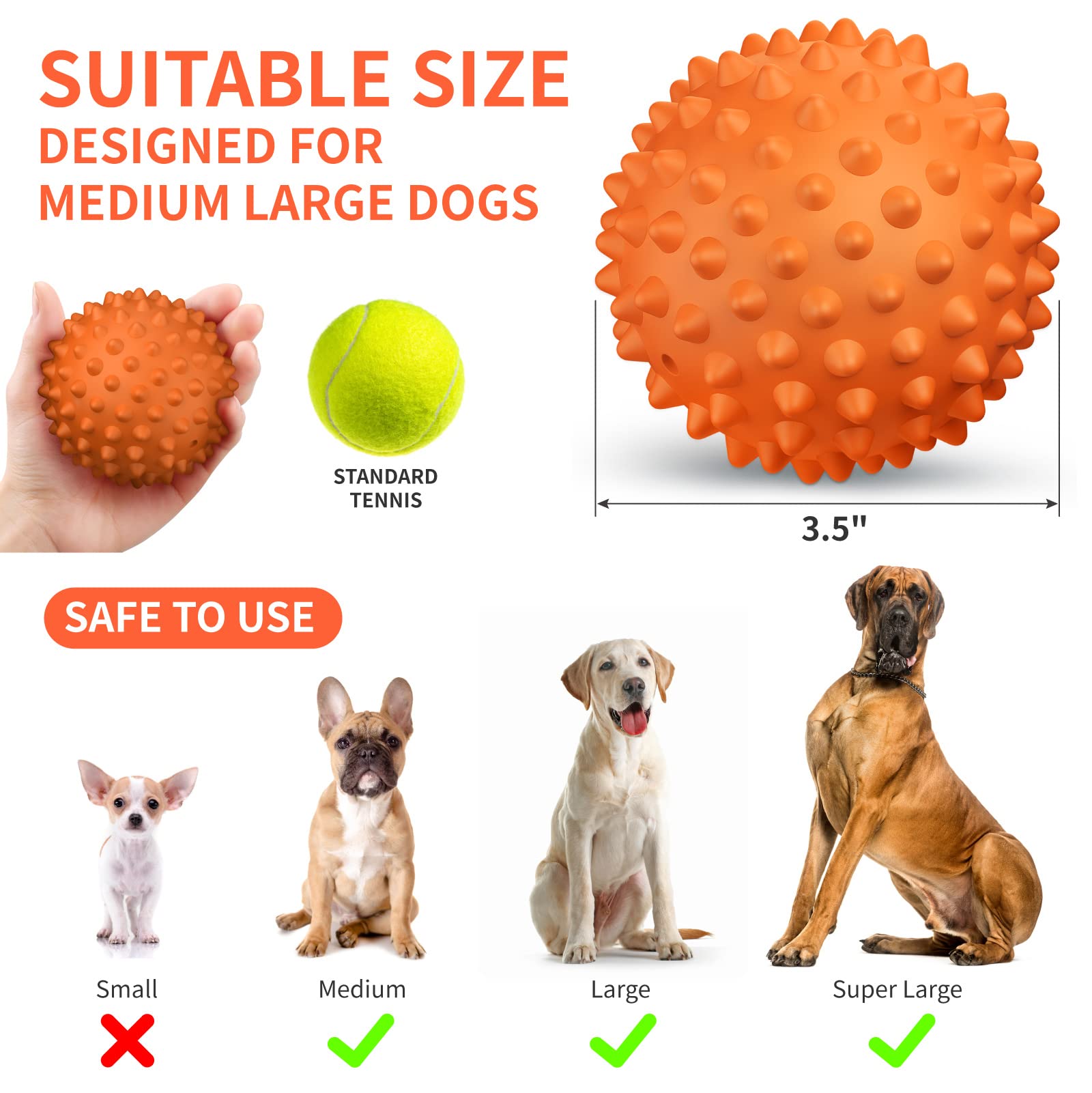 Apasiri Indestructible Peanut Flavor Dog Ball, Squeaky Rubber Toy for Large Breeds, Medium & Large, Orange