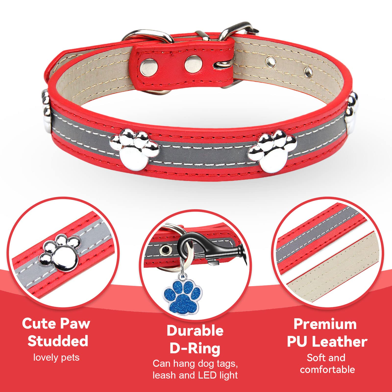 Petcare Reflective Dog Collar With Cute Paw Rivet Studded Funny Soft Pu Leather Adjustable Puppy Dog Collars For Small Medium Large Dogs Cats (Red,Xx-Large)