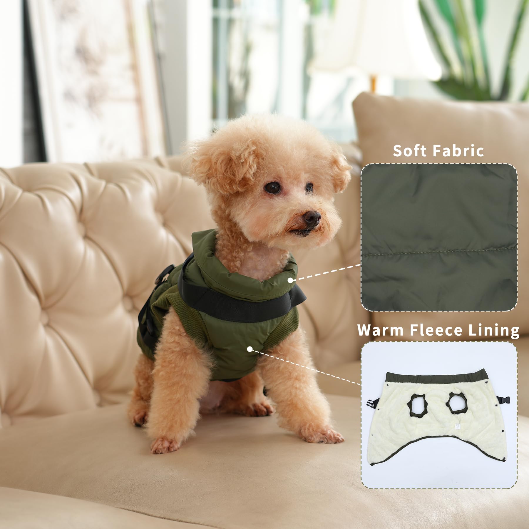 Joydaog Dog Jacket With Harness,Fleece Lined Warm Puppy Coat For Winter,Soft Windproof Small Dog Vest,Green M