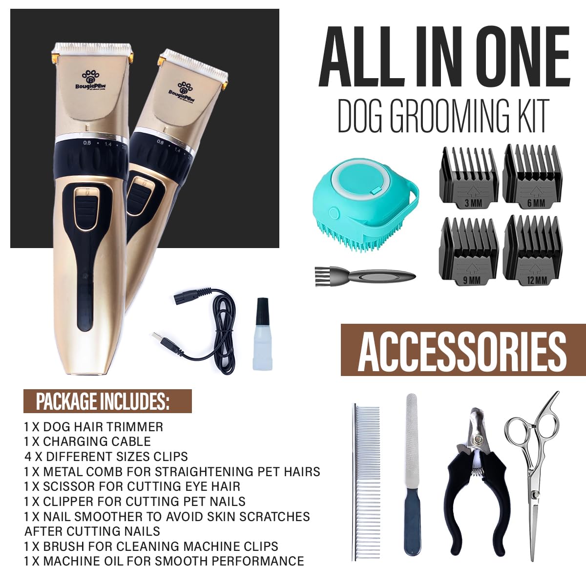 BougiePaw Grooming Kit - Rechargeable Low Noise Dog & Cat Clippers, Stainless Steel, Gold with LED Display, Includes Trimmer & Bath Brush