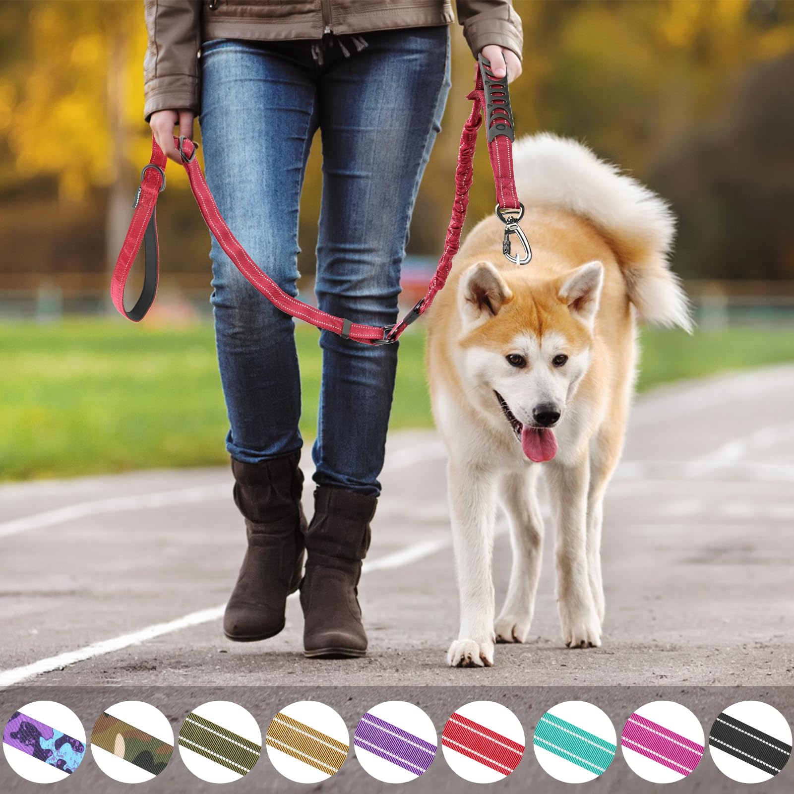 Tactical Dog Leash Heavy Duty, 4-6FT Shock Absorbing Bungee Dog Leash, Reflective Military Strong No Pull Dog Leash with 2 Padde