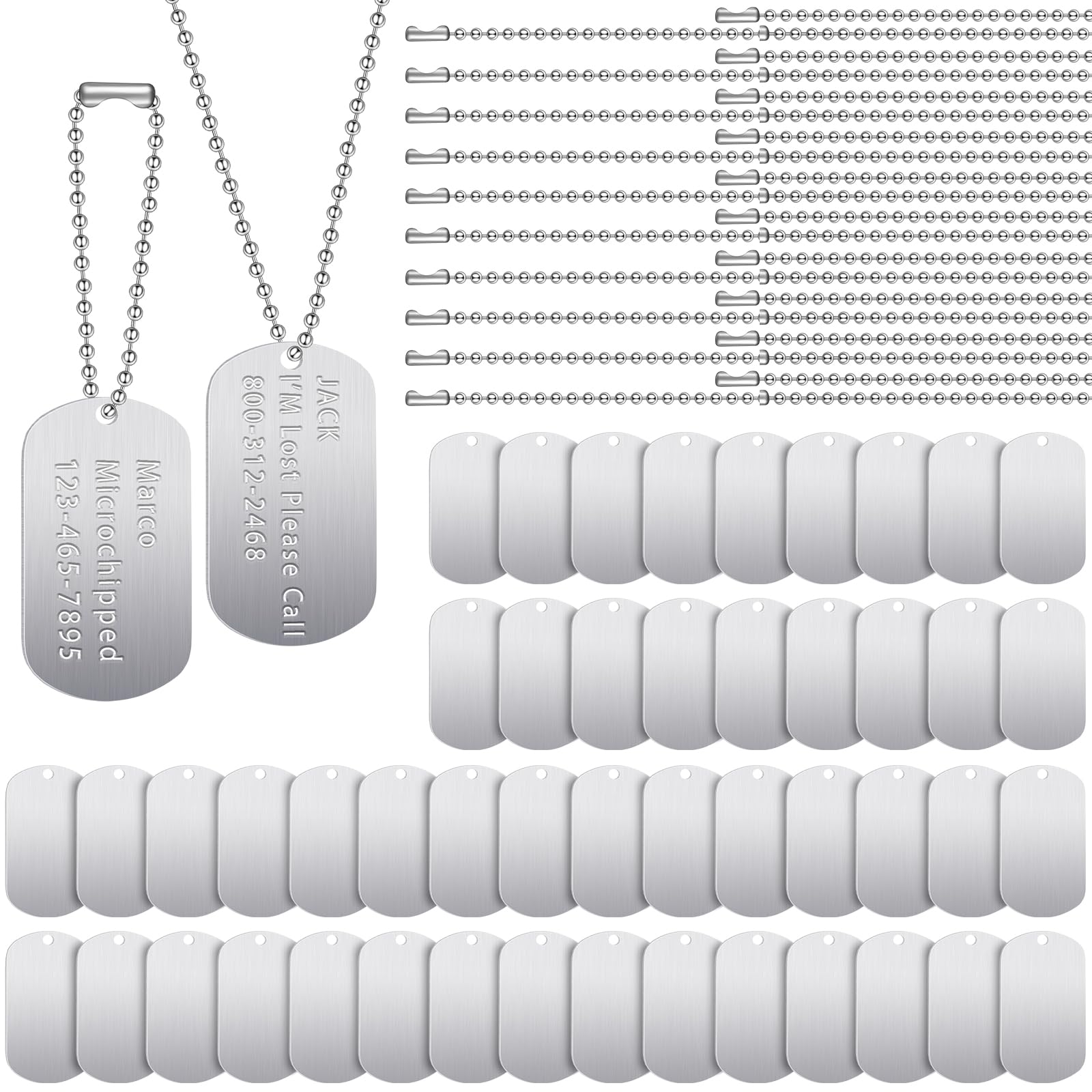 Yinkin 60 Pieces Military Dog Tags Set Include 30 Pieces Stainless Steel Blank Dog Tag 30 Pieces Stainless Steel Chains For Diy Craft(Silver)