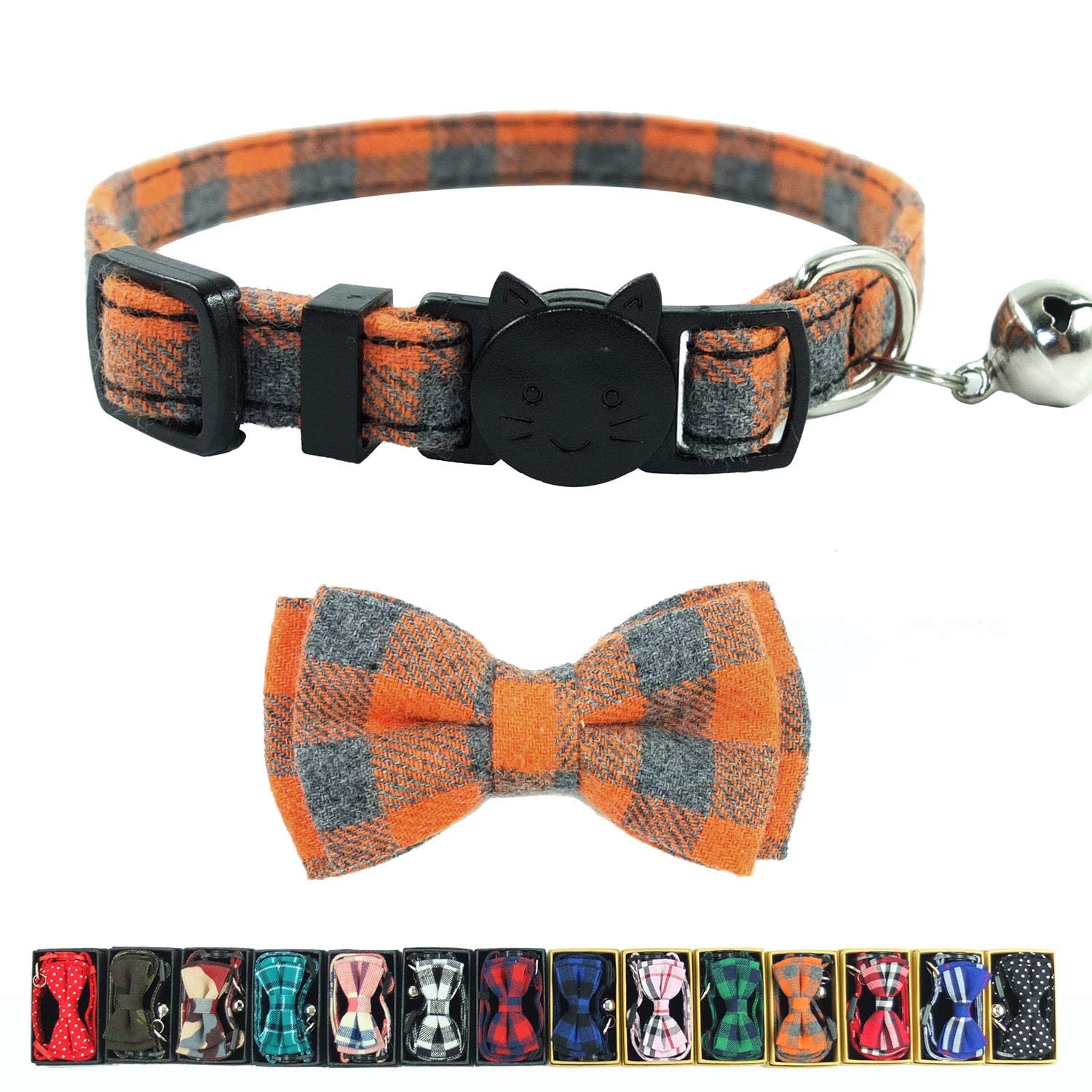 Cat Collars Breakaway With Bell And Bow Tie, Plaid Design Adjustable Safety Kitty Kitten Collar(6.8-10.8In) (Orange Plaid)