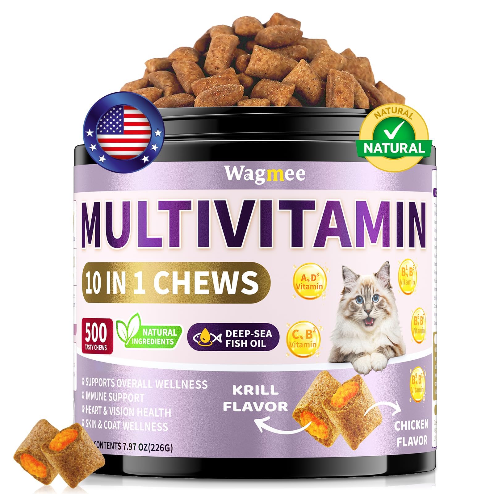 Taurine for Cats Vitamins Treats, 10 in 1 Cat Multivitamin with Fish Oil - 500 Crunchy & Creamy Chews Supports Energy, Bone, Joi